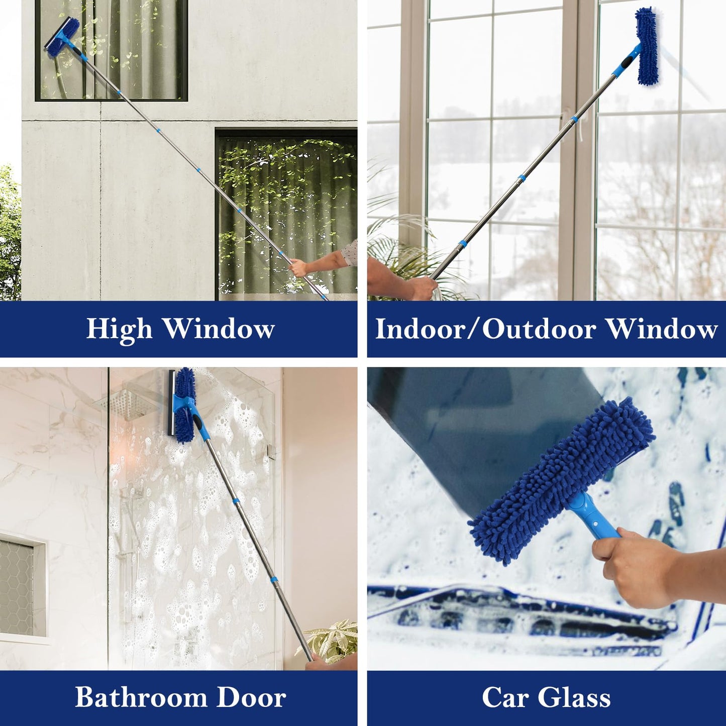 Terafeels 110.23in / 280cm Window Cleaning Tools, Window Squeegee: 2 in 1 Double-Sided Professional Cleaner Window Washing Kit with Extension Pole (Dark Blue)