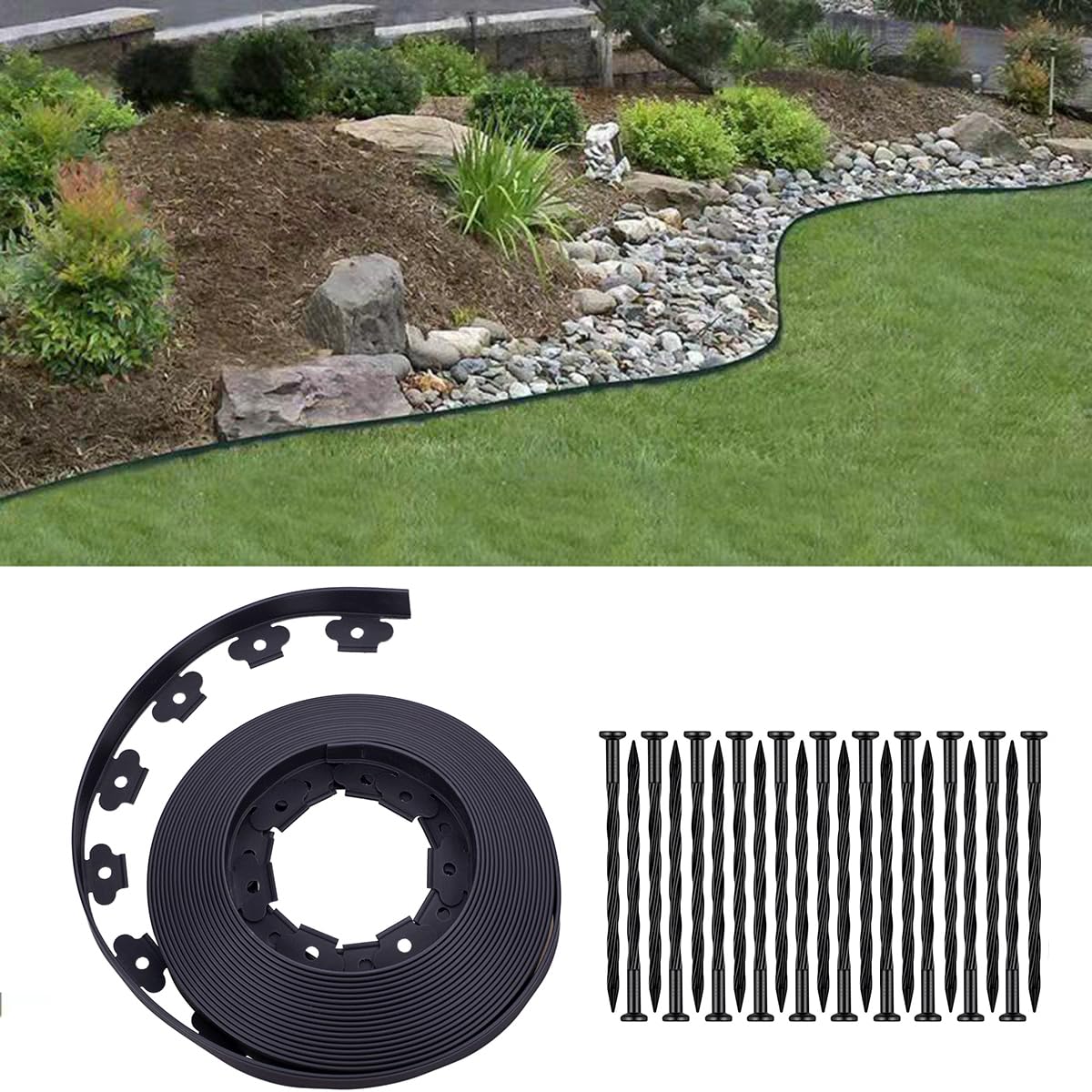 Garden Edging,100FT Landscape Edging 120 Stakes(8" 60Pcs& 6" 60Pcs) for Lawn 1.5 Inch Tall (Black, 100FT+120stakes)