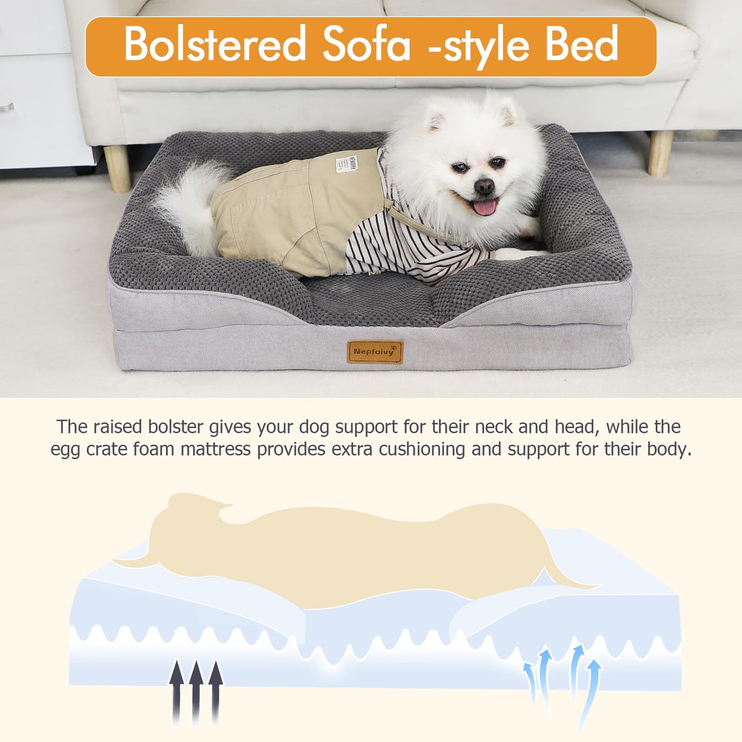 Nepfaivy Dog Bed Large Waterproof - Bolster Dog Bed for Large Dogs with Removable and Washable Cover, Dark Grey, 91x68cm