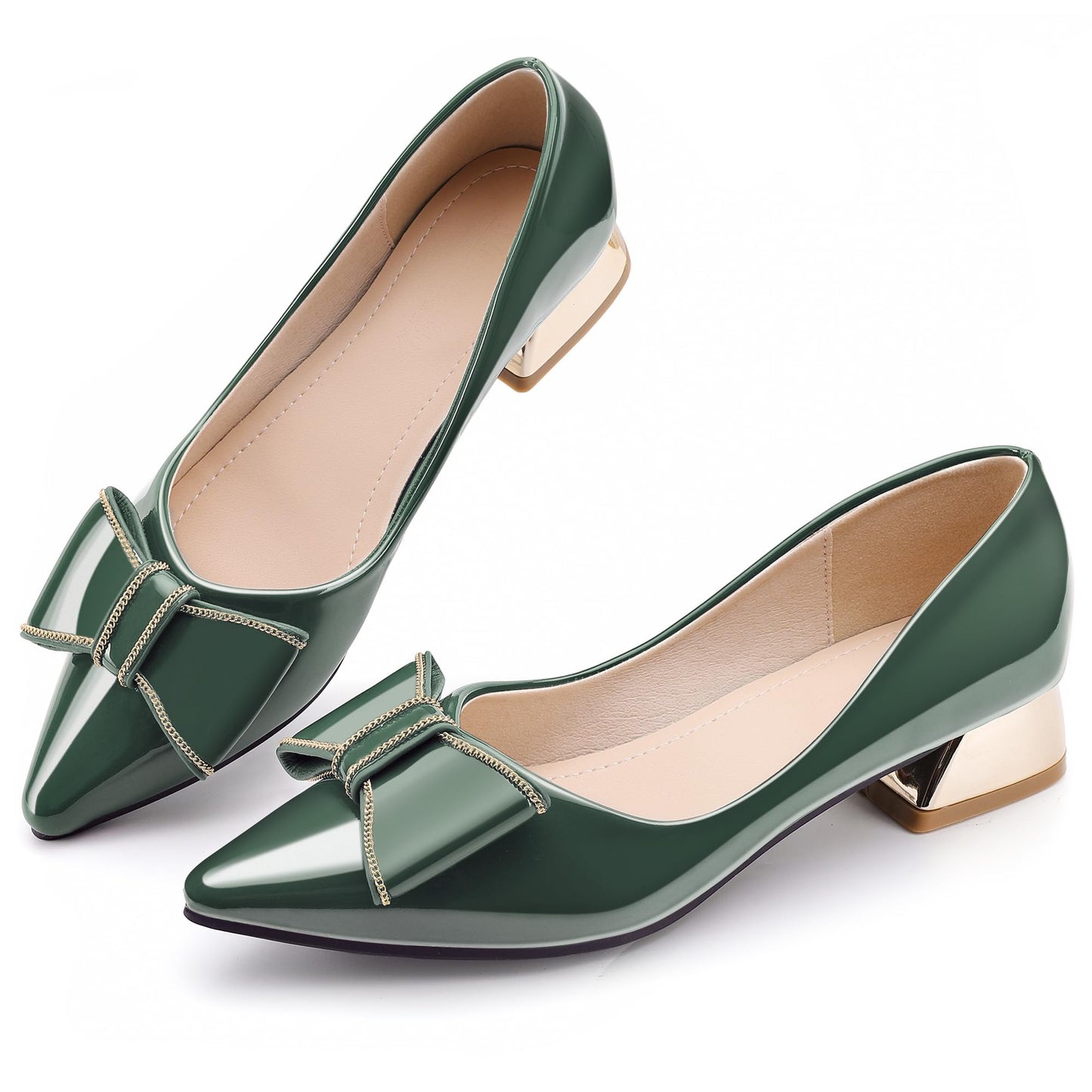Women's Chunky Closed Toe Low Block Heels Work Pumps Comfortable Dress Wedding Shoes for Party Office, Green/Pu, 7.5