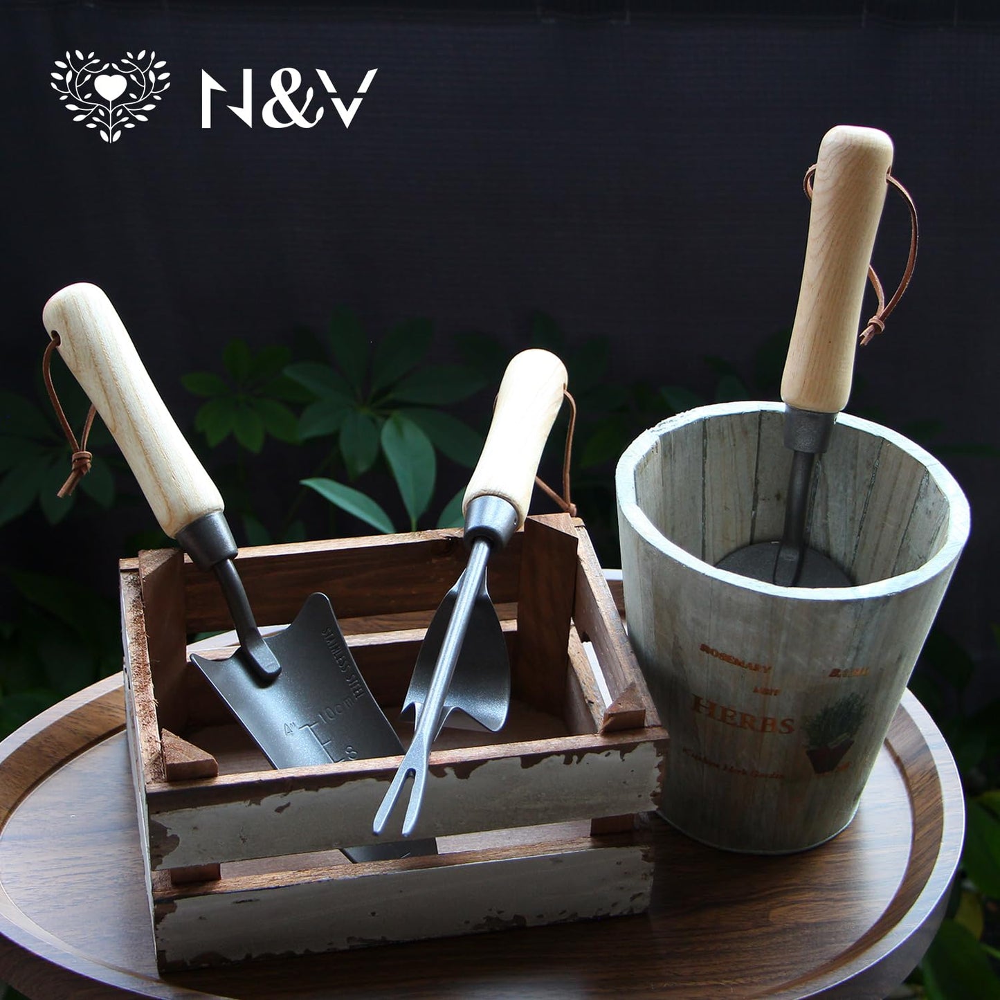 Japanese Gardening Tools Set, 6 Pcs Garden Tools Set, Black Painted Stainless Steel Heavy Duty Gardening Tools Kit, Hand Trowel, Dibble, Hand Rake, Weeder, Transplanter and Hand Folk
