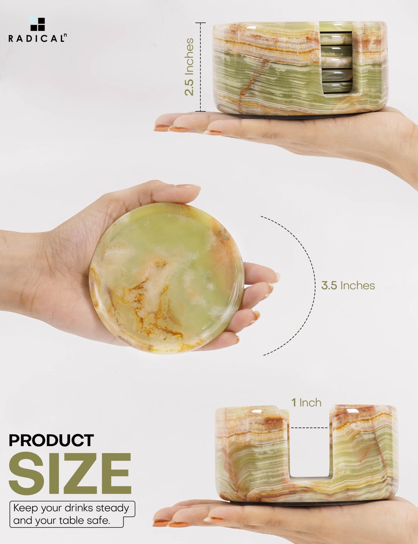 Marble Coasters Set of 6 Green Onyx 3.5 Inch with Holder Natural Stone Drink Coasters for Coffee Table, Luxury Round Cup Coasters for Home Decor, Bar & Housewarming Gifts