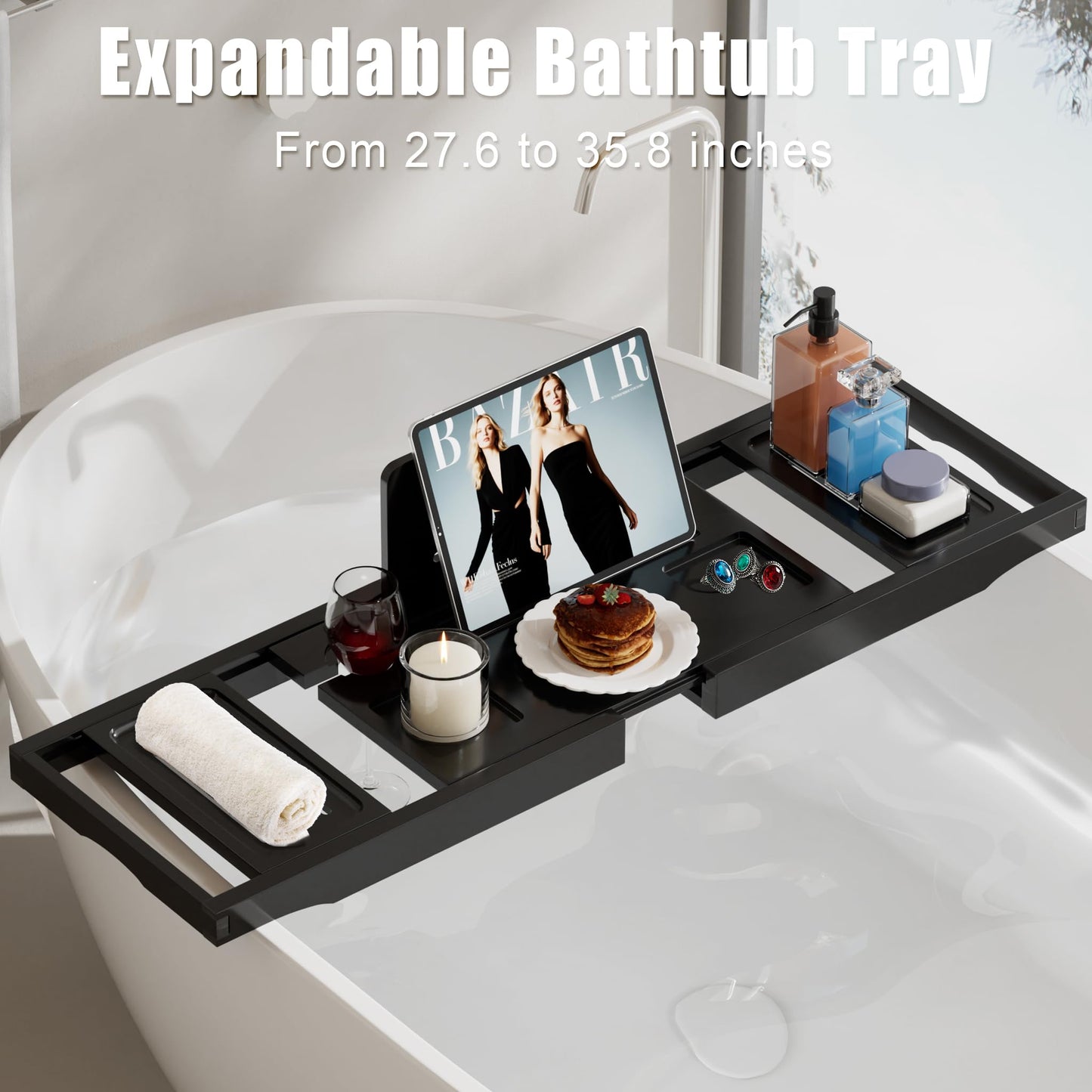 Bathtub Tray Caddy,Premium Bamboo Expandable Bath Tub Trays Table, Foldable Bathroom Accessories,Great House Warming, Anniversary and Birthday Gifts,Black