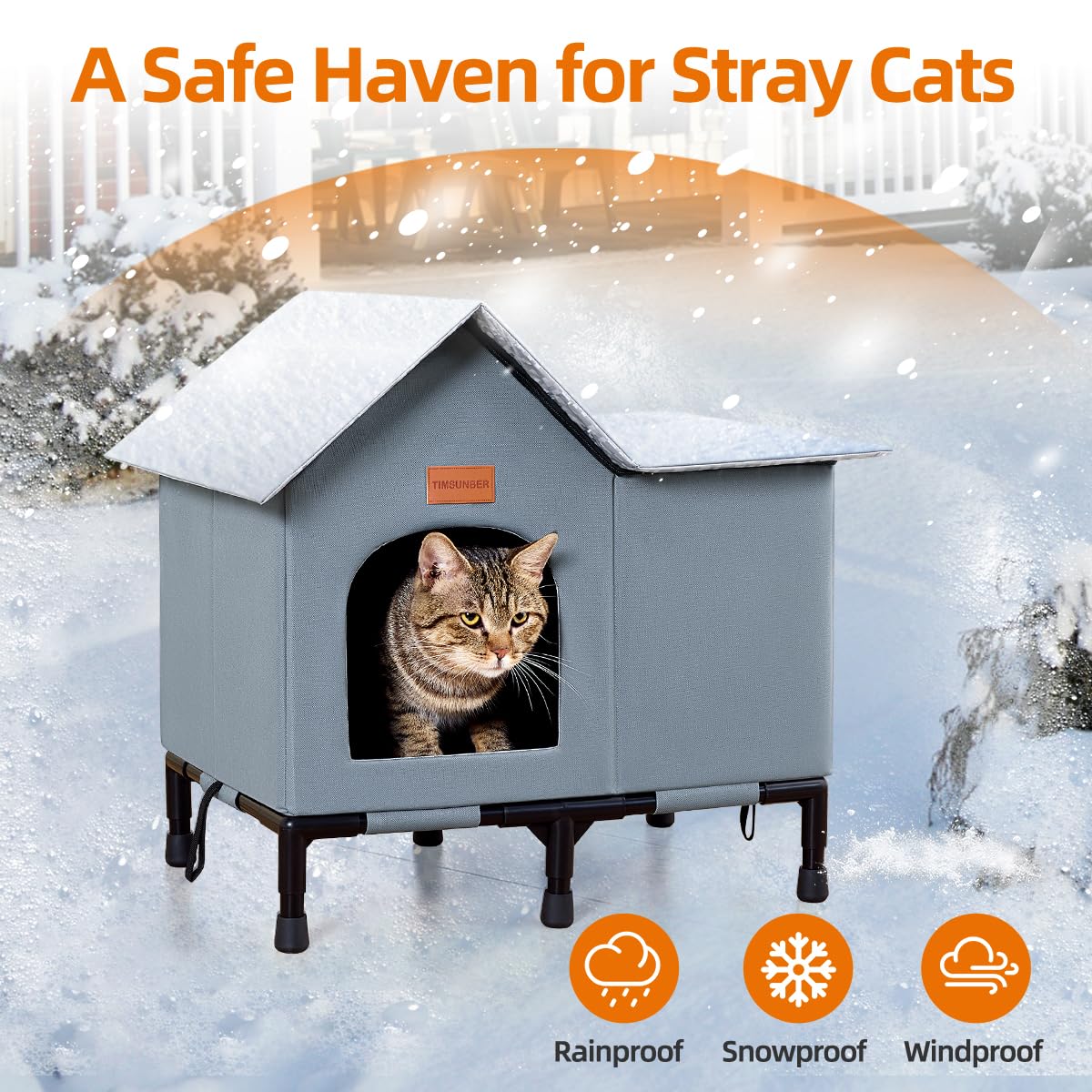 Insulated Cat Shelter Weatherproof Outdoor Cat House with Self-Warming Insulation Raised Bottom and Waterproof Roof for All-Season Protection (Grey, Large)