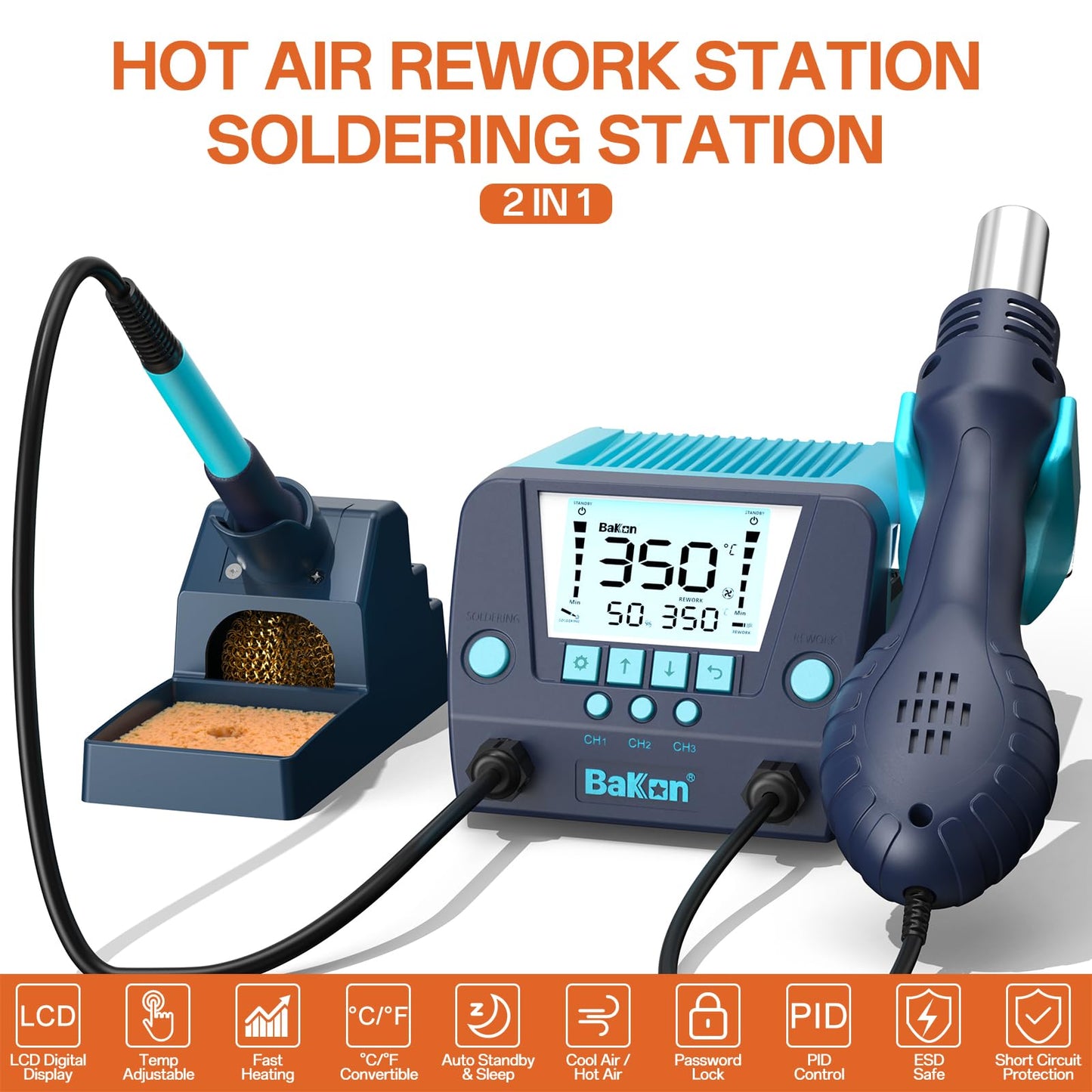 BAKON 882 2-in-1 SMD Hot Air Rework & Soldering Station with LCD, Auto Sleep, °F/°C, Tips ,Nozzles, Solder Wire, Tweezers, Solder Sucker