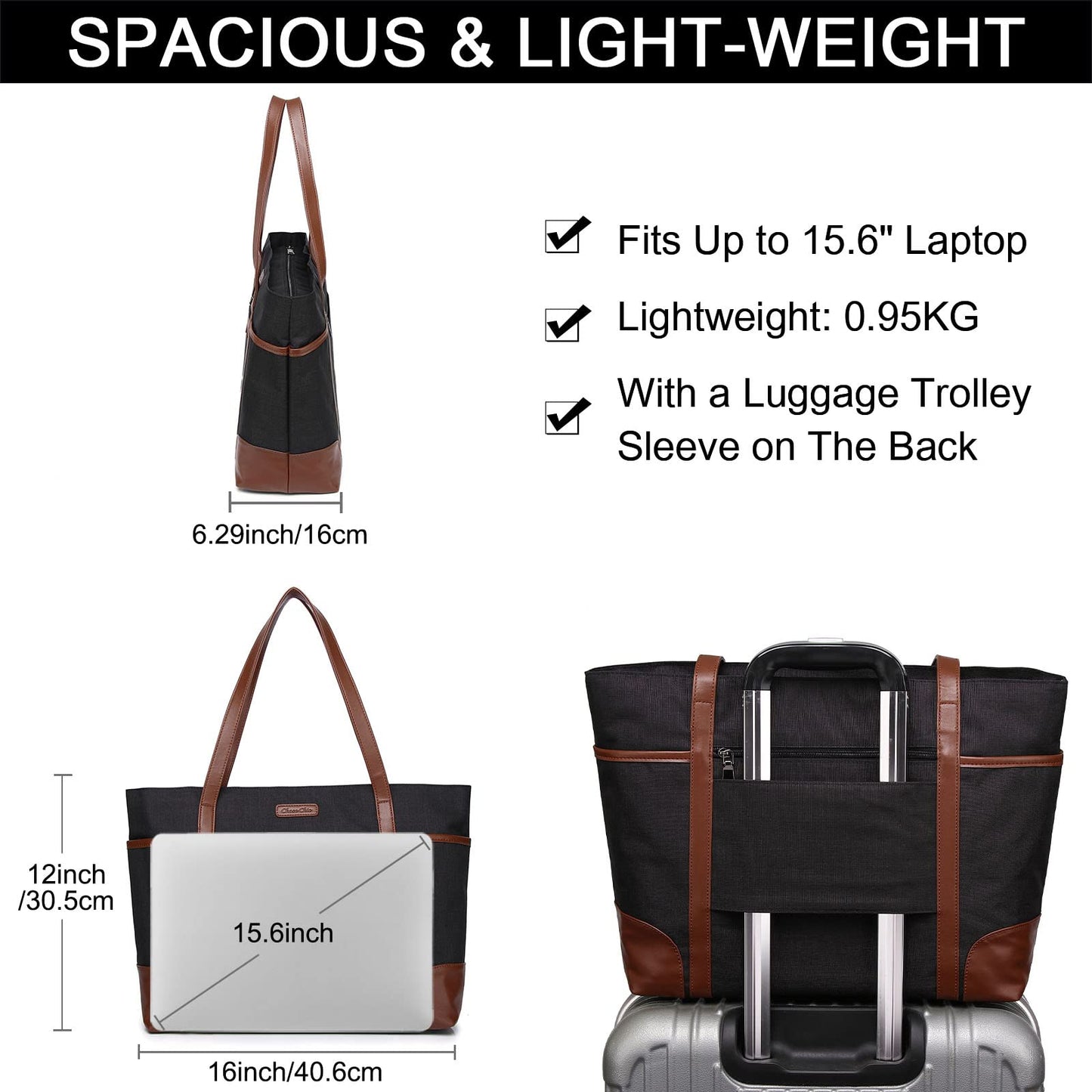 Laptop Bag for Women, Chasechic Water-Resistant Classic Work Tote Shoulder Bag fits 15.6 Inch Laptop with Luggage Strap Brown