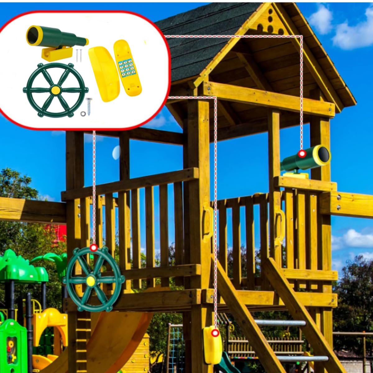 3 Pcs Playground Accessories for Kids,Swingset Attachments with Pirate Ship Wheel, Toy Telescope and Telephone Outdoor Swing Set Accessories (3 Green)