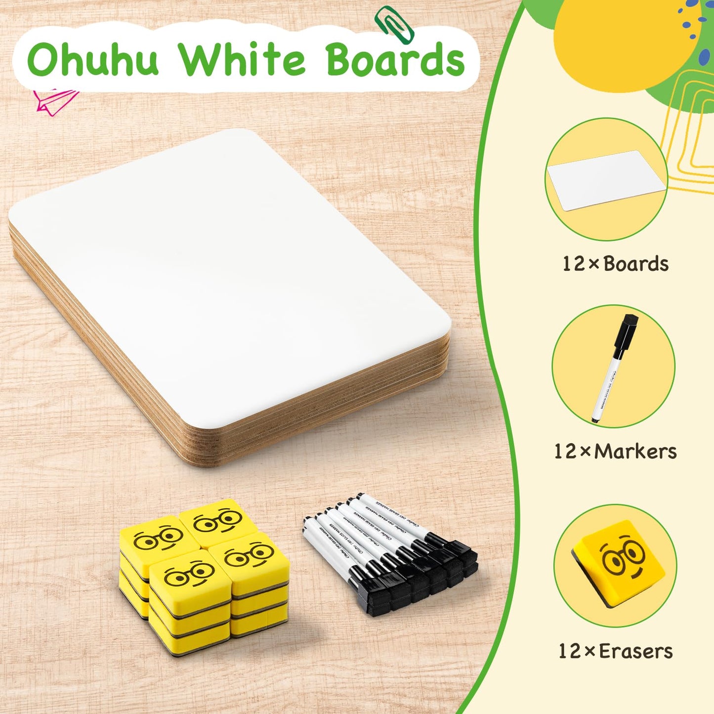 Ohuhu 12-Pack Mini White Boards, 9 x 12 Inch Double-Sided Plain Whiteboards Set – Includes 12 Individual Small Dry Erase Boards,12 Markers & 12 Erasers, Ideal for Classrooms, Homeschools & Group Games