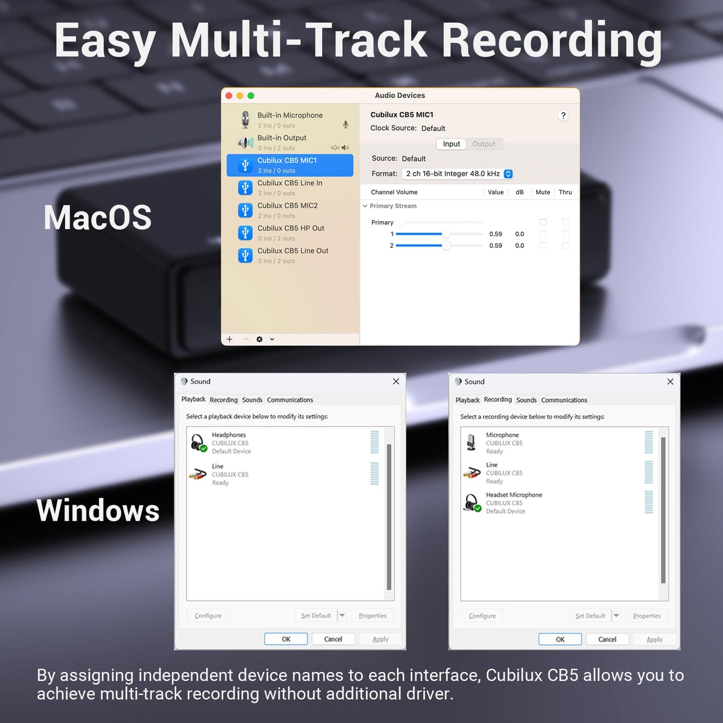Cubilux CB5 USB Audio Interface for Recording, USB to 3.5mm Sound Card with Stereo Microphone Input, Line-In, Line-Out & Headphone Jack, Support Windows & Mac OS