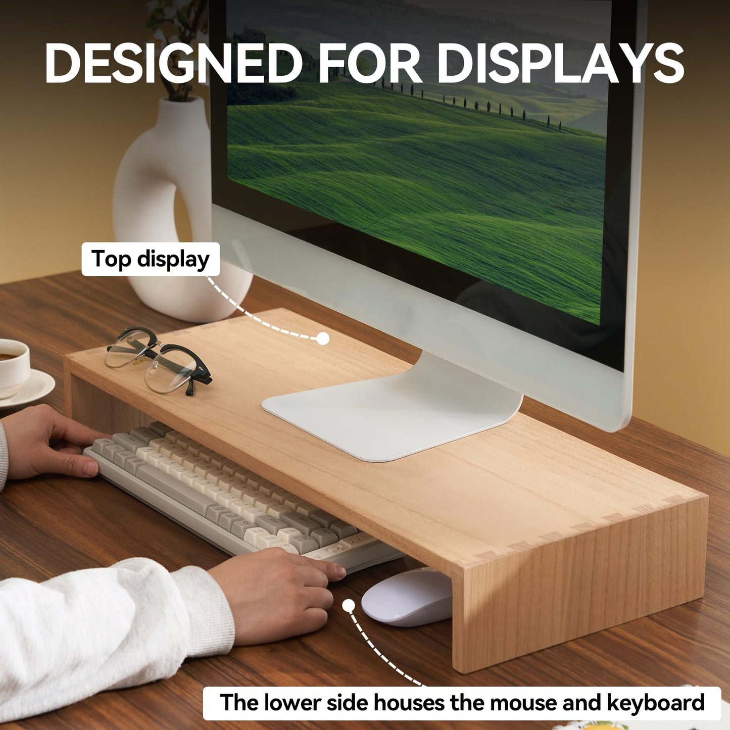 KIRIGEN Monitor Stand Wooden -Desk Stand Wood for Computer/Laptop/TV Printer - Monitor Arms & Stands Desk Riser for Office Organizers -Desktop Workspace (59 Natural)