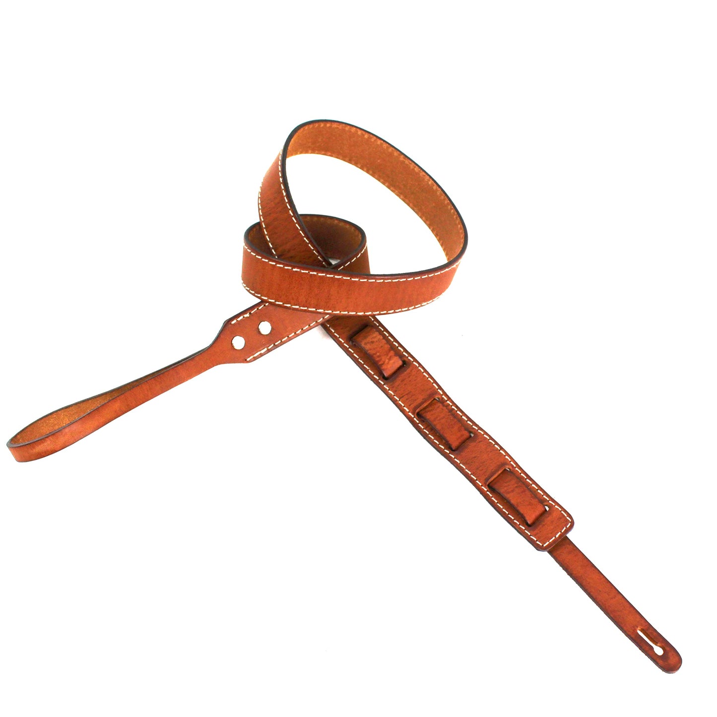 Walker And Williams M-14 Premium Handmade Saddle Tan Thick Grain Leather Loop End Strap With White Stitching For Mandolin, Mandola, Bouzouki or Ukelele Strap A and F Type Mandolins