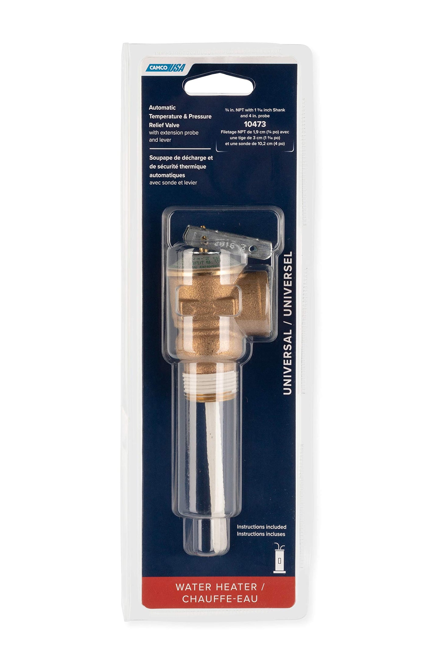 Camco 10471/10473 RV 3/4-Inch Temperature and Pressure Relief Valve with 4-Inch Probe