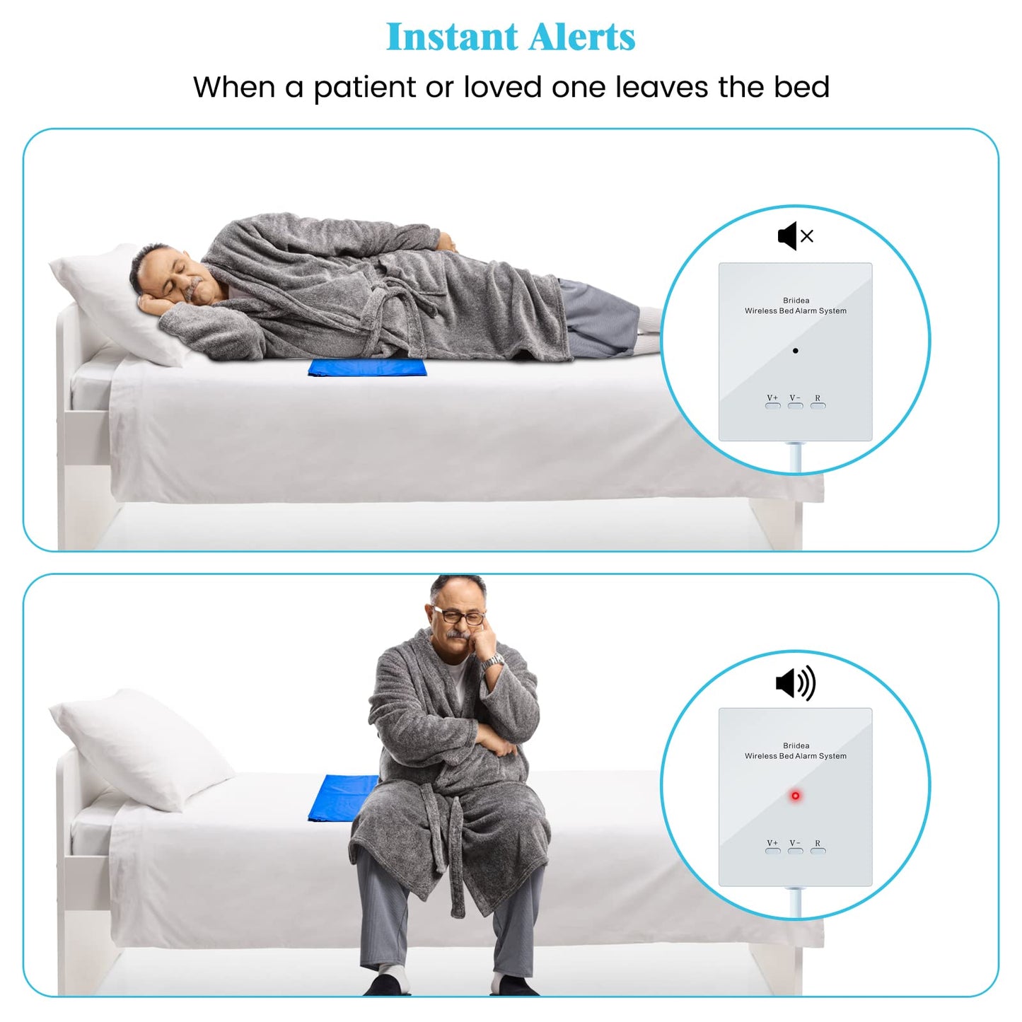 briidea Bed Alarms and Fall Prevention for Elderly with 20'' * 28'' Weight Sensing Bed Pad (Wireless Alarm Included)