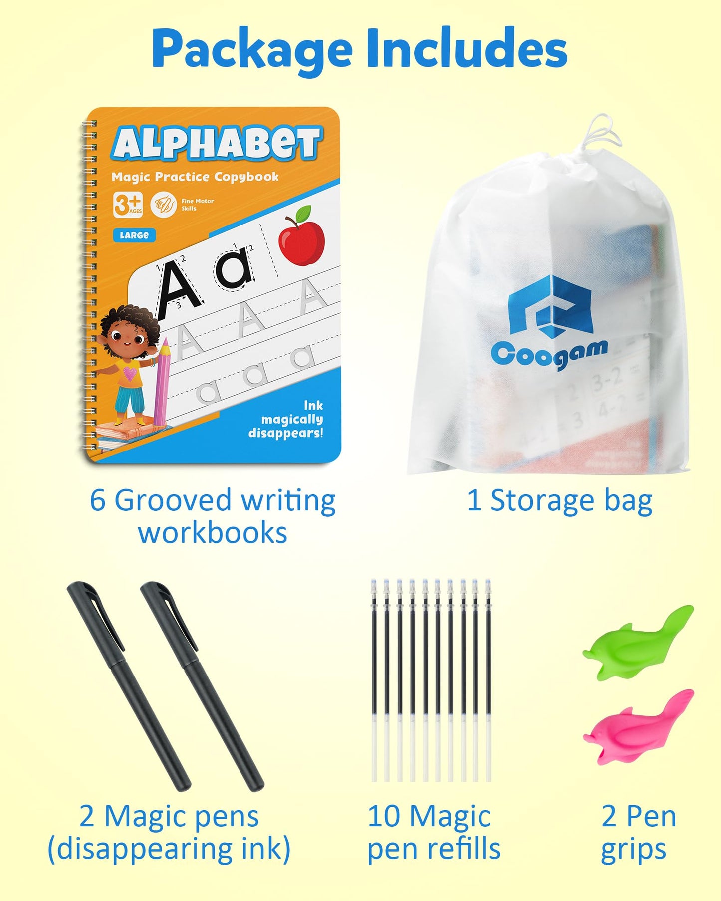 Coogam 6Pcs Magic Grooved Writing Practice for Kids, Grooved Handwriting Copybook with Pens, Learn to Write Number Letter Tracing Workbook for Kids Age 3-8 Preschool Learning Activities