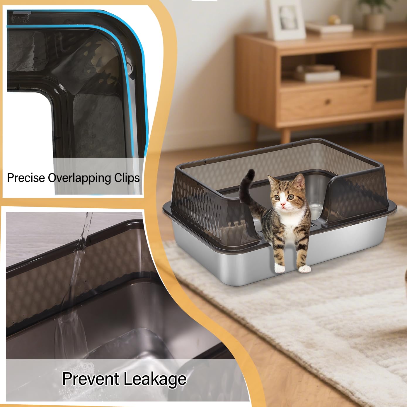 Kittenhood Low Entry Enclosed Stainless Steel Cat Litter Box with Lid Scoop and Pads, 50cm* 35cm* 20cm Transparent Black Standard Easy Clean Metal Kitty Kitten Litter Box