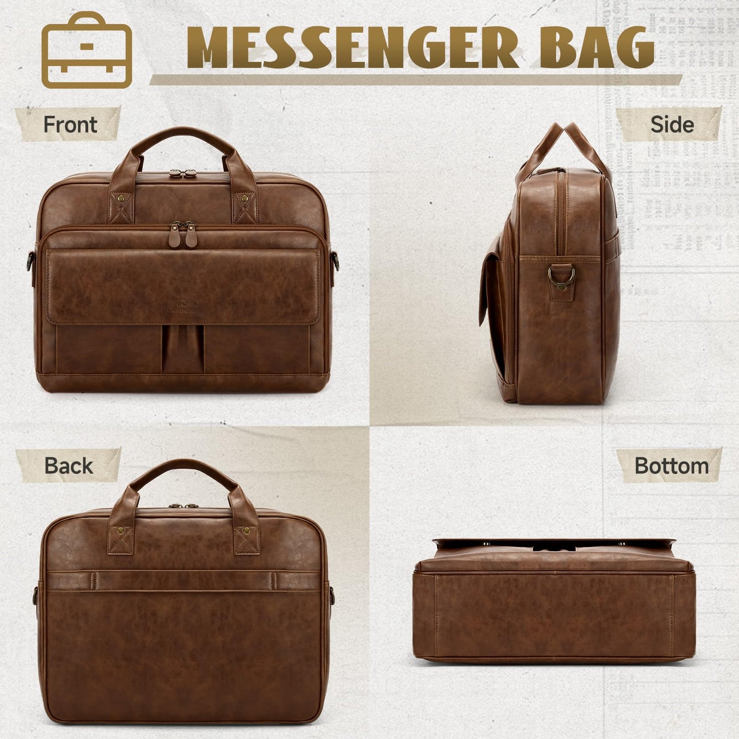 Laptop Bag for Men 15.6 Inch PU Leather Briefcase Mens Messenger Bag Waterproof Computer Satchel Bag for Work Office Business Travel College