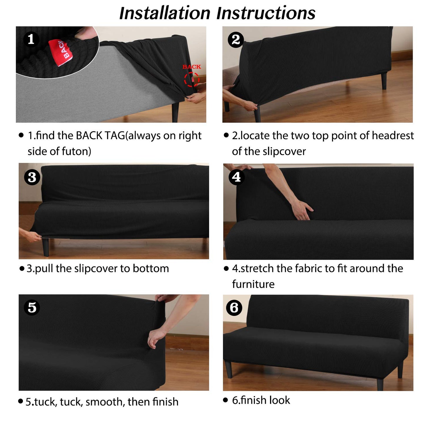 Turquoize Futon Cover Stretch Armless Sofa Slipcover Spandex Non Slip Soft Couch Sofa Cover Without Arms Futon Slipcovers for Living Room Furniture Protector with Elastic Bottom, Black