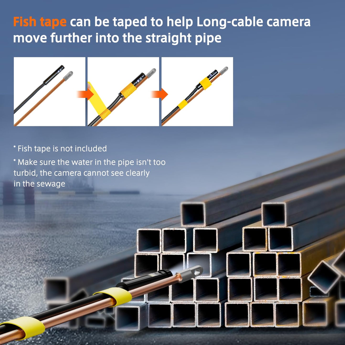 Triple-Lens Borescope Inspection Camera With 50 FT Semi-Rigid Cable, 5" IPS Screen Endoscope With Light, 1080P Sewer IP67 Drain Snake, 32G Storage Card, Carrying Case