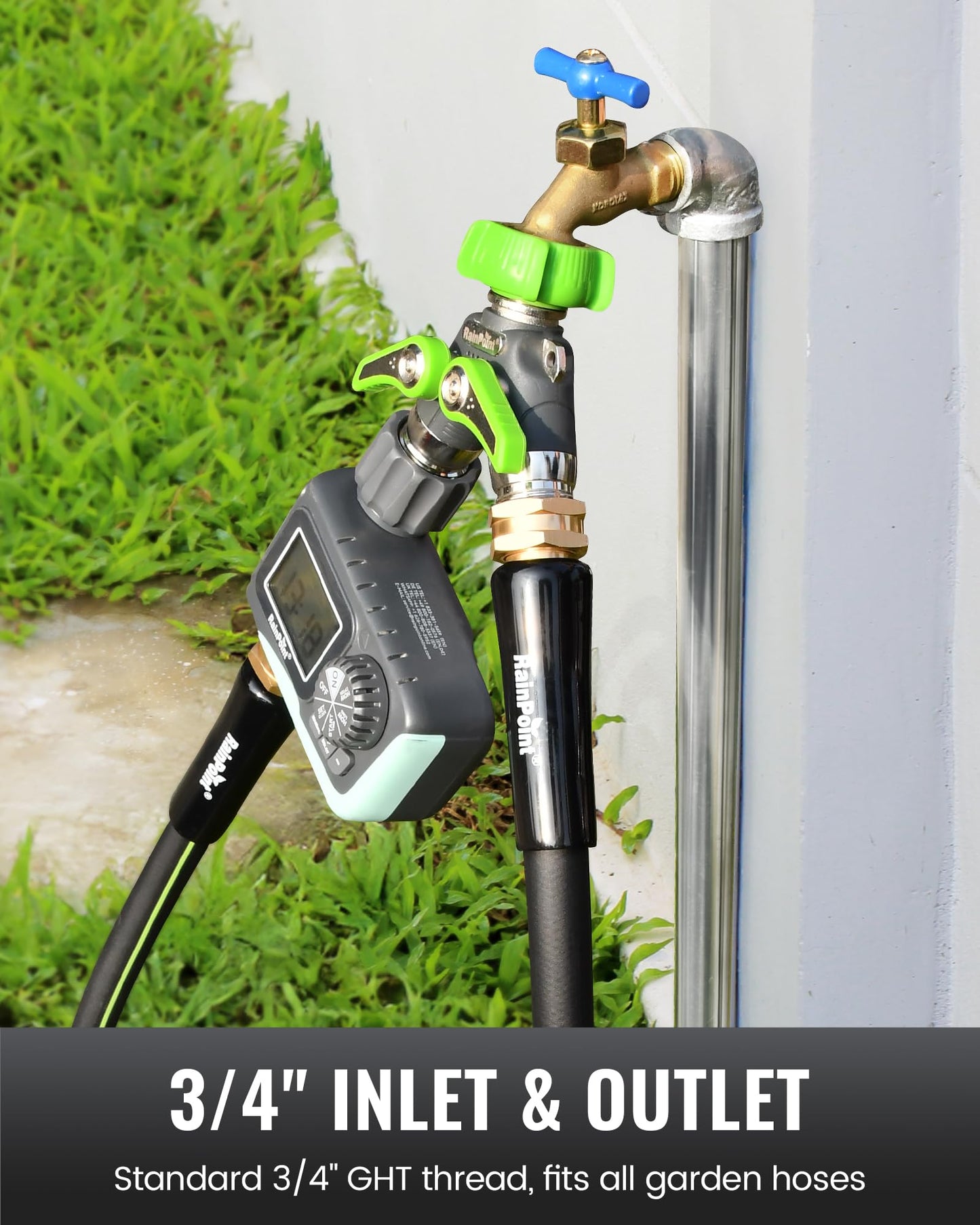 RAINPOINT Garden Hose Splitter, Heavy Duty Outdoor Faucet and Water Hose Splitter, All-Metal Water Hose Connector with Shut-Off Valve, 3/4" GHT Thread(Green)