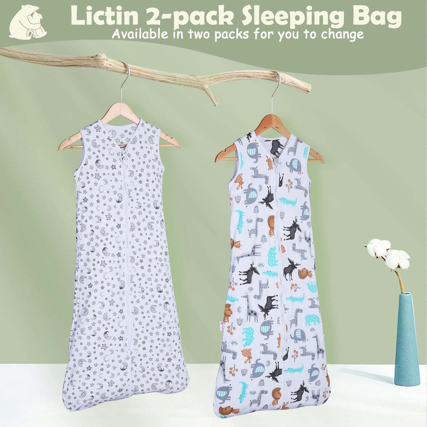 Lictin Baby Sleeping Bag -100% Cotton 2 Pcs Sleeping Sack Baby Wearable Blanket with Adjustable Length 65-85cm for 18 to 36 Months Infant Toddler