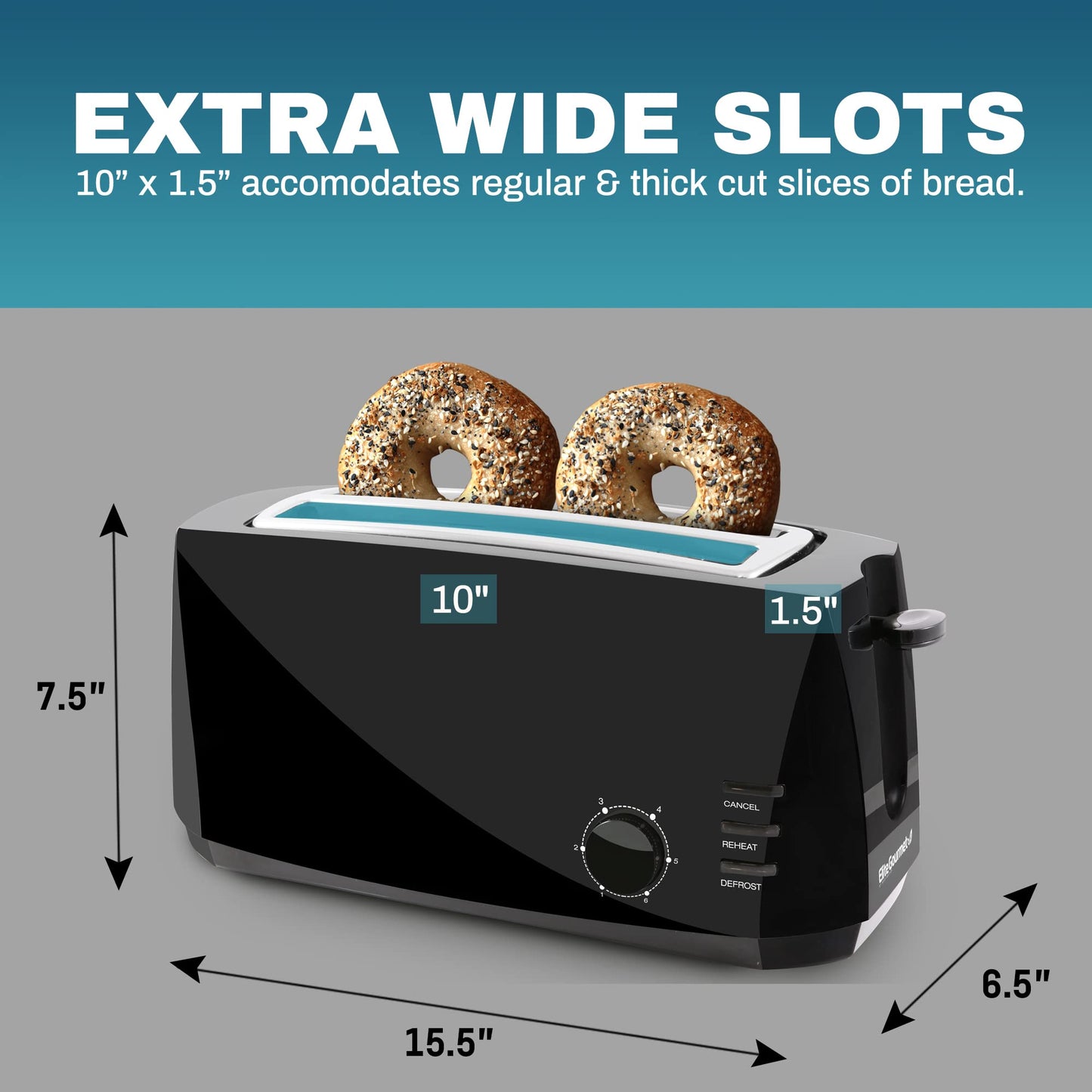 Elite Gourmet ECT4829B Maxi-Matic 4 Slice Long Slot Toaster 6 Toast Settings, Defrost, Reheat, Cancel Functions, Extra Wide 1.5"" Slots for Bagels Waffles, Slide Out Crumb Tray", black