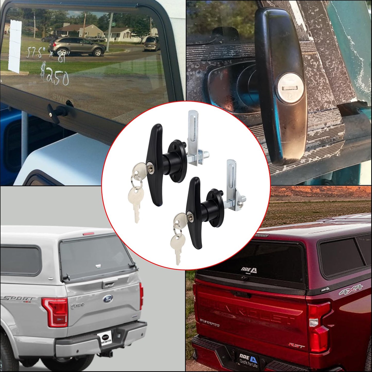 QZATTCAEN Matching Set T-Handles Lock, Truck Cap Topper Camper Shell Locking T-Handle, Keyed Alike Black T-Handle Lock kit for Truck Garage Door (Left&Right)