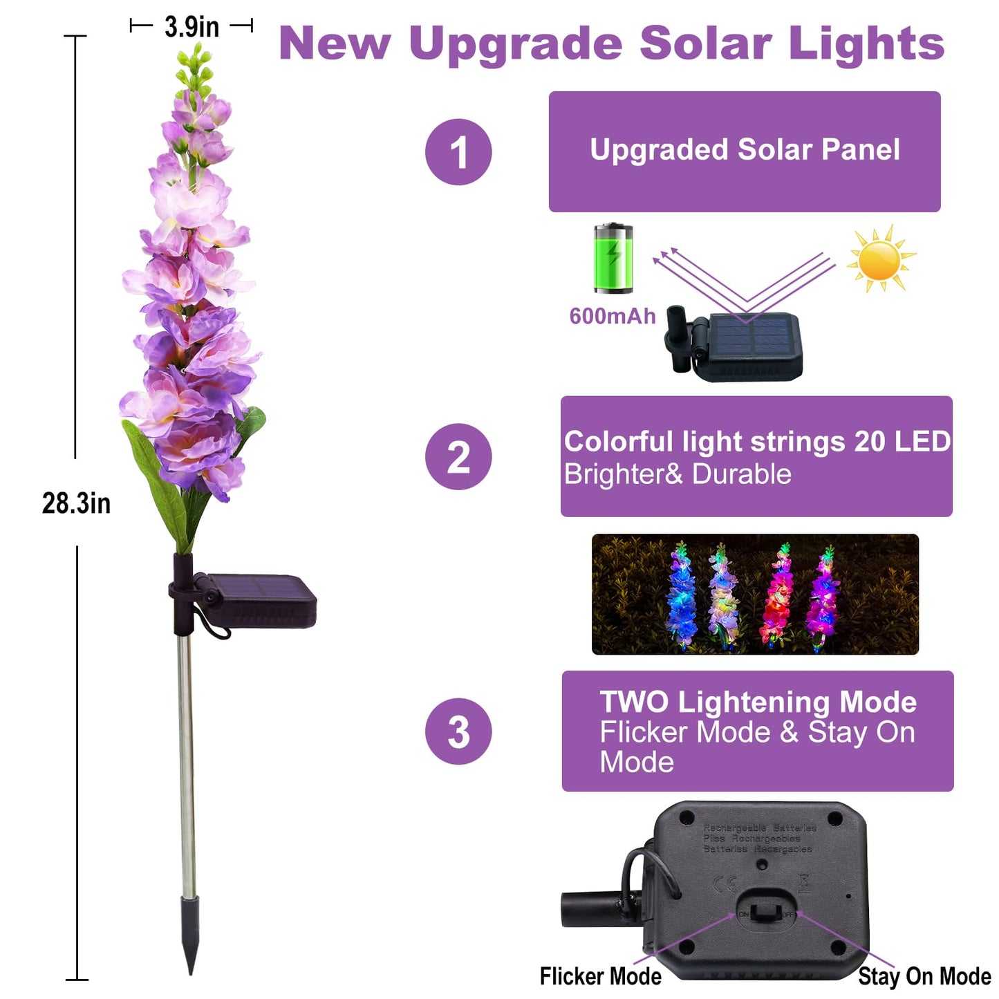 MRHEPHAESTUS Solar Garden Lights, Solar Delphinium Flowers Lights 4 Pack 80 LEDs, Waterproof Solar Outdoor Lights Two Lighting Modes for Wedding Party Garden Yard Patio Lawn Decor and Gift for Mother