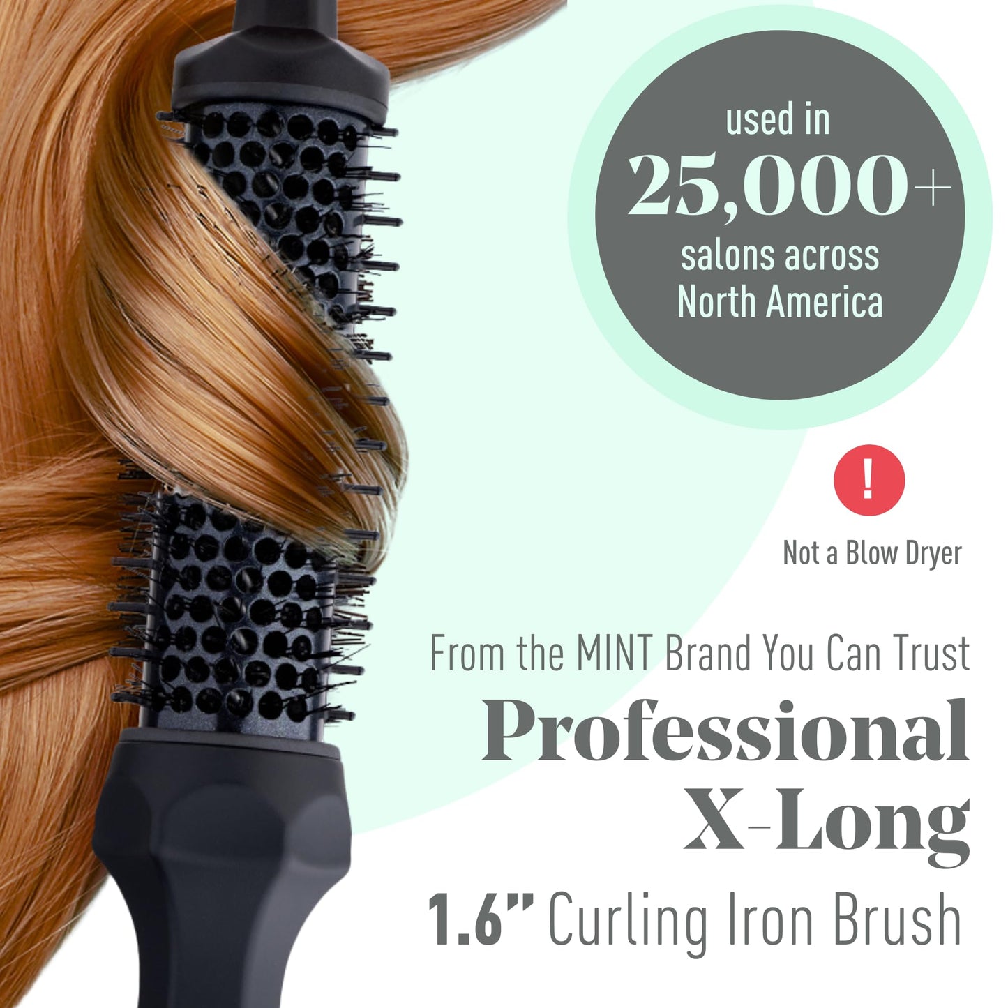 MINT Extra-Long 1.6 Inch Thermal Brush for Natural Volume & Waves | 230-430°F 2-Heater Ceramic Curling Iron Brush | Heated Round Brush Styler