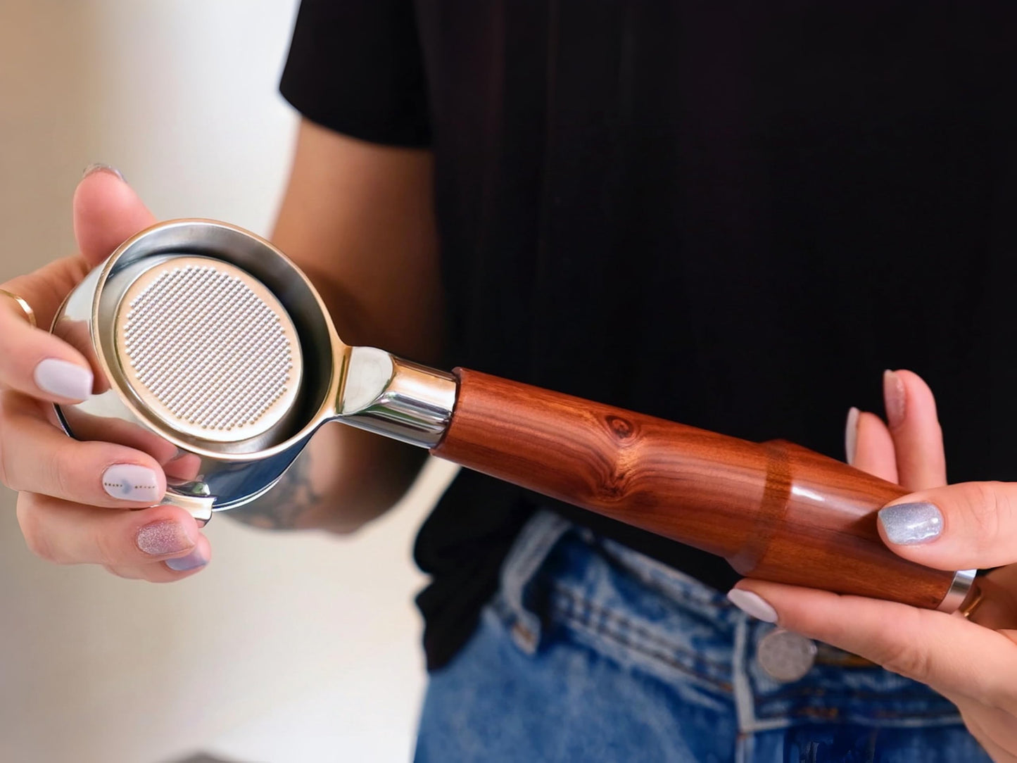KNODOS 54mm Bottomless Portafilter Breville Compatible Rosewood Handle & Naked 18-21 Gram Filter Basket Included Fits Barista Express, Pro, Touch, Bambino Plus, Infuser, Duo Temp Pro Impress