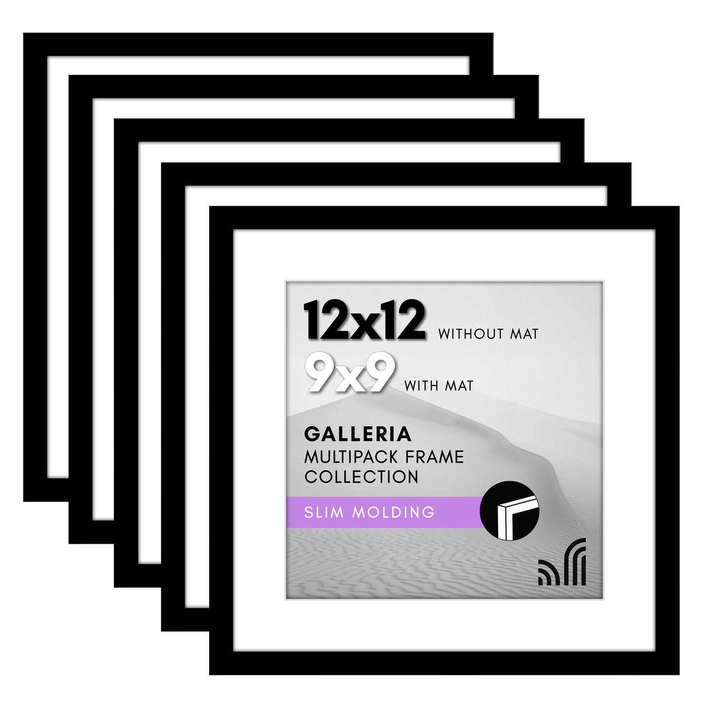 Americanflat 12x12 Picture Frame with Polished Plexiglass - Set of 5 - Use as 9x9 Frame with Mat or 12x12 Frame Without Mat - Galleria Collection - Gallery Wall Frame Set for Wall Display - Black