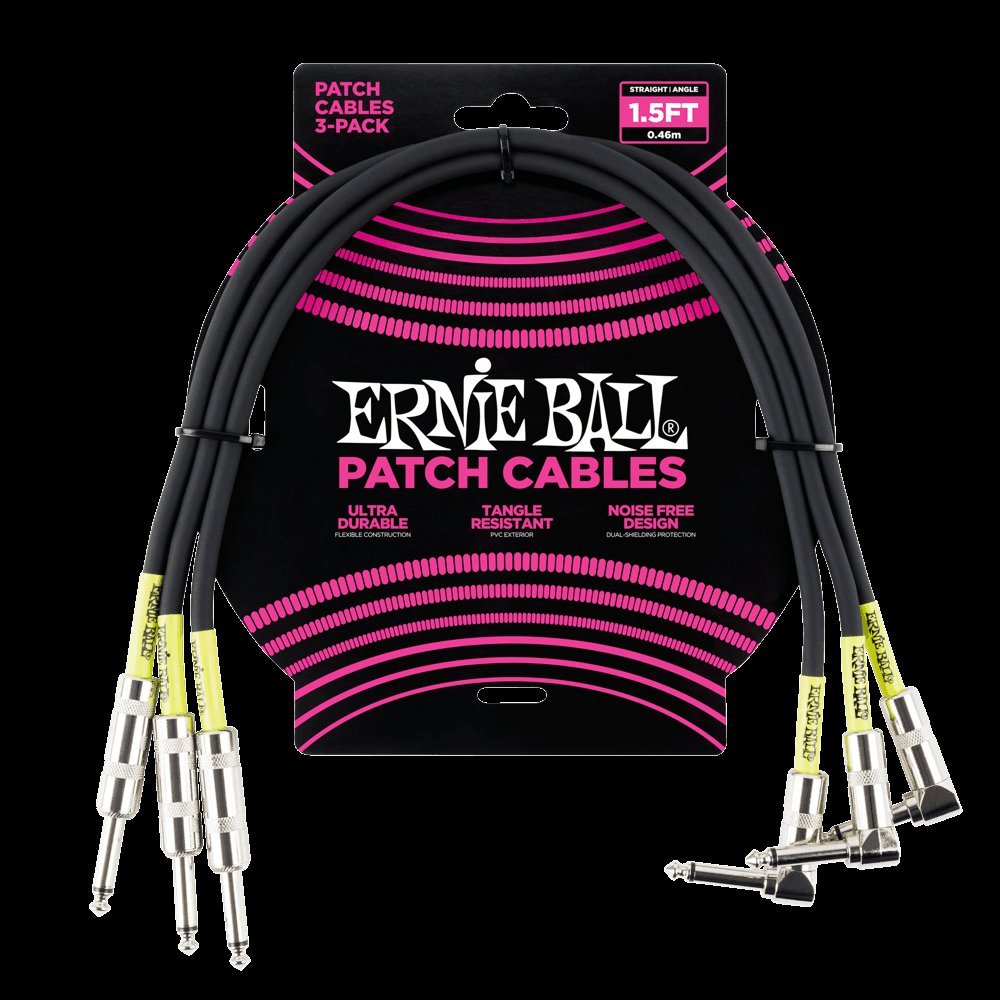 Ernie Ball Patch Cable 3-Pack, Straight/Angle, 1.5ft, Black (P06076)
