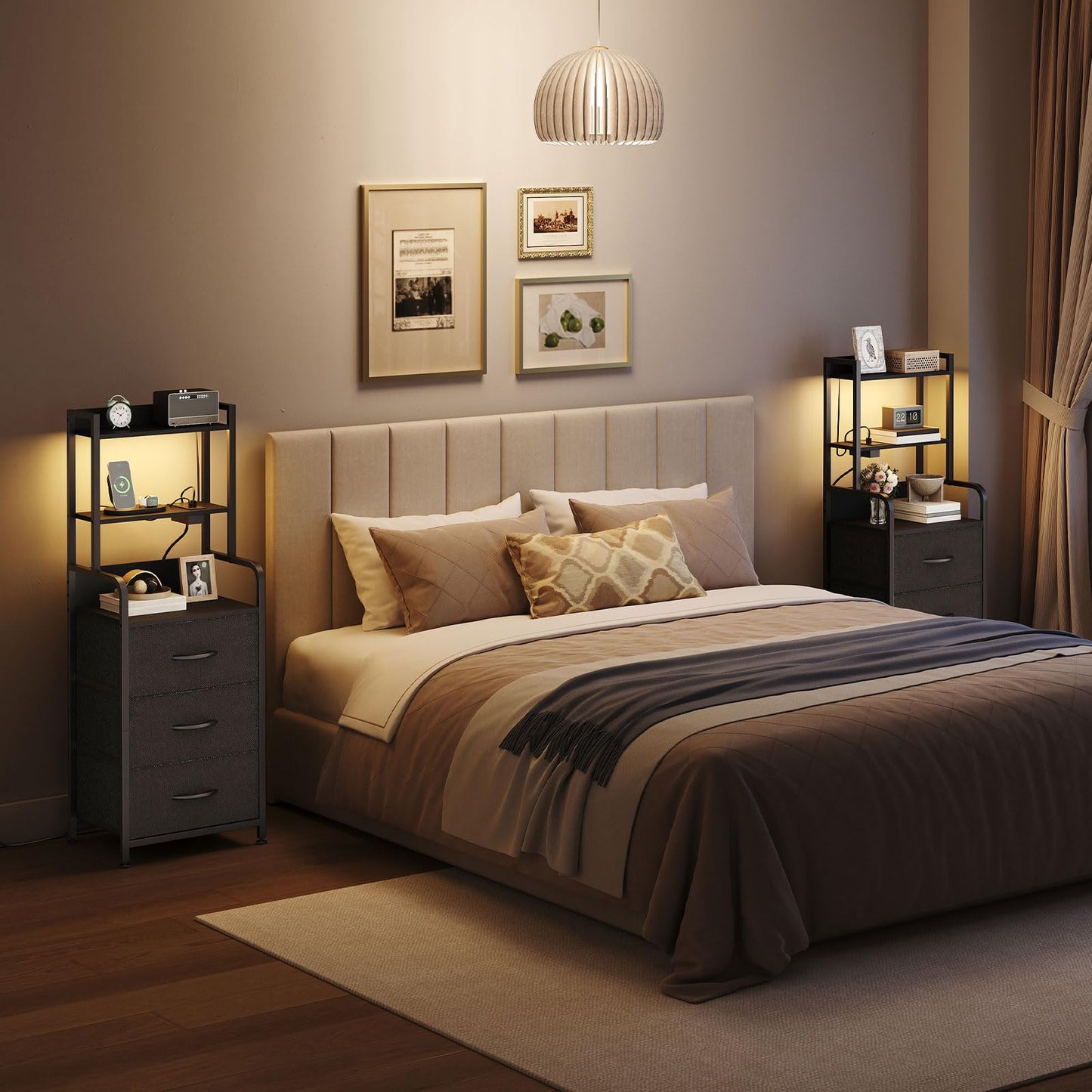 HOOBRO Tall Nightstand with Charging Station and LED Lights, Multifunctional Bedside Table with 3 Drawers and Open Shelves, USB-A, Type-C, 2 AC Outlets, Modern End Table for Bedroom, Black BB206UDBZ01