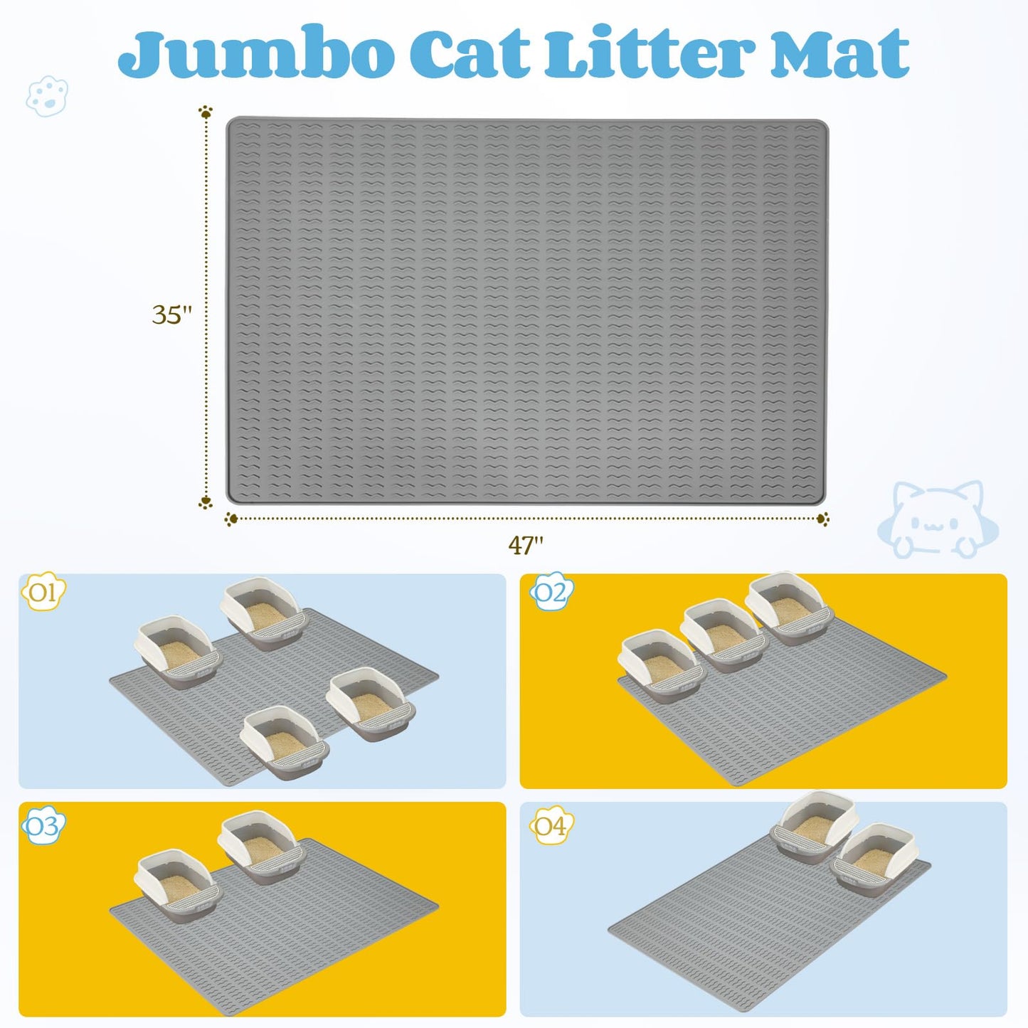 Colewin Cat Litter Mat,120x89cm Extra Large Litter Mats Silicone,Waterproof Floor Litter Box Mat Indoor,Jumbo Washable Cats Litter Mat Litter Trapping Mat Easy Clean XXL(Grey)
