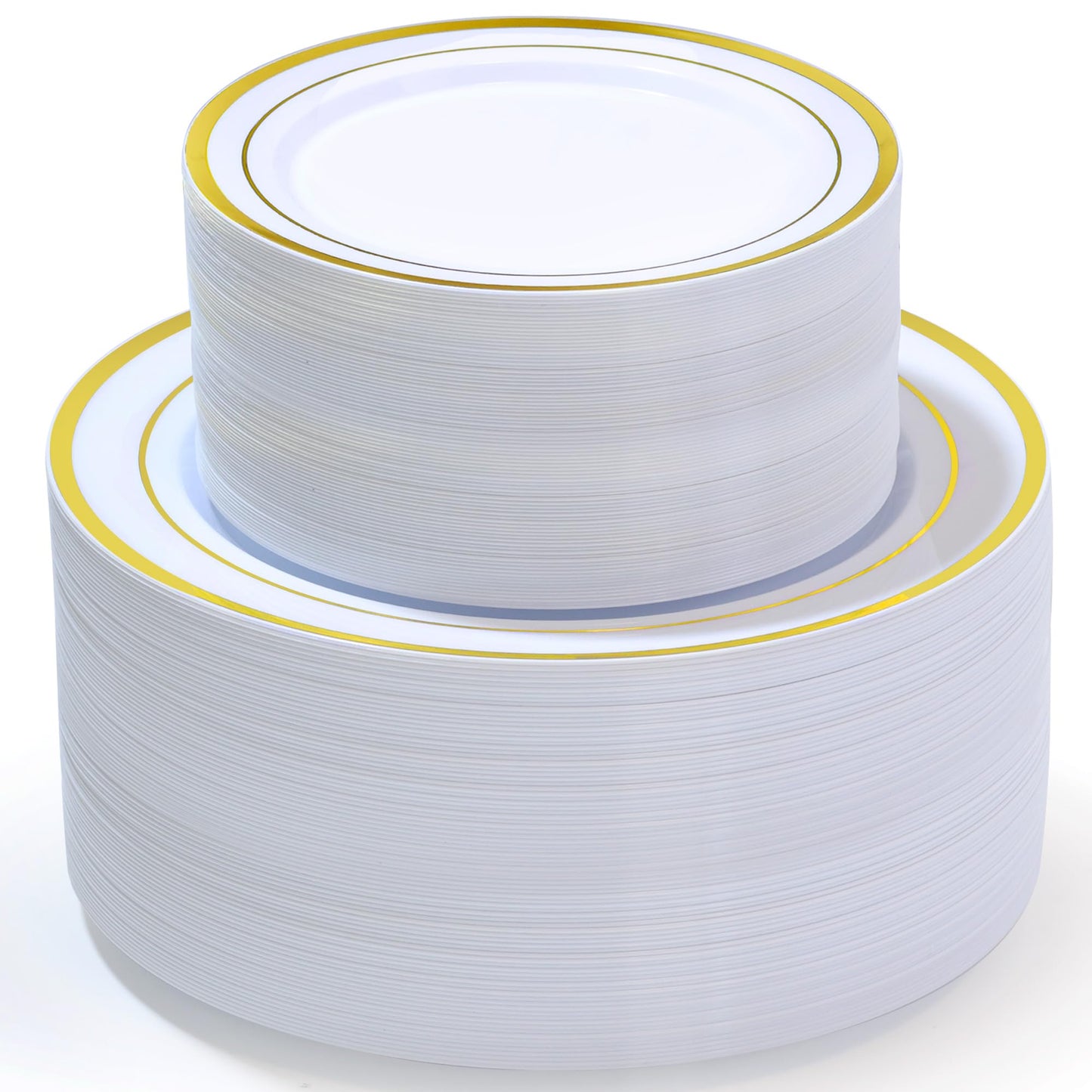 ROCOHANTI 200 PCS Gold Plastic Plates, White and Gold Disposable Plates Include 100 Dinner Plate and 100 Dessert Plate Perfect for Birthday, Christmas & Party