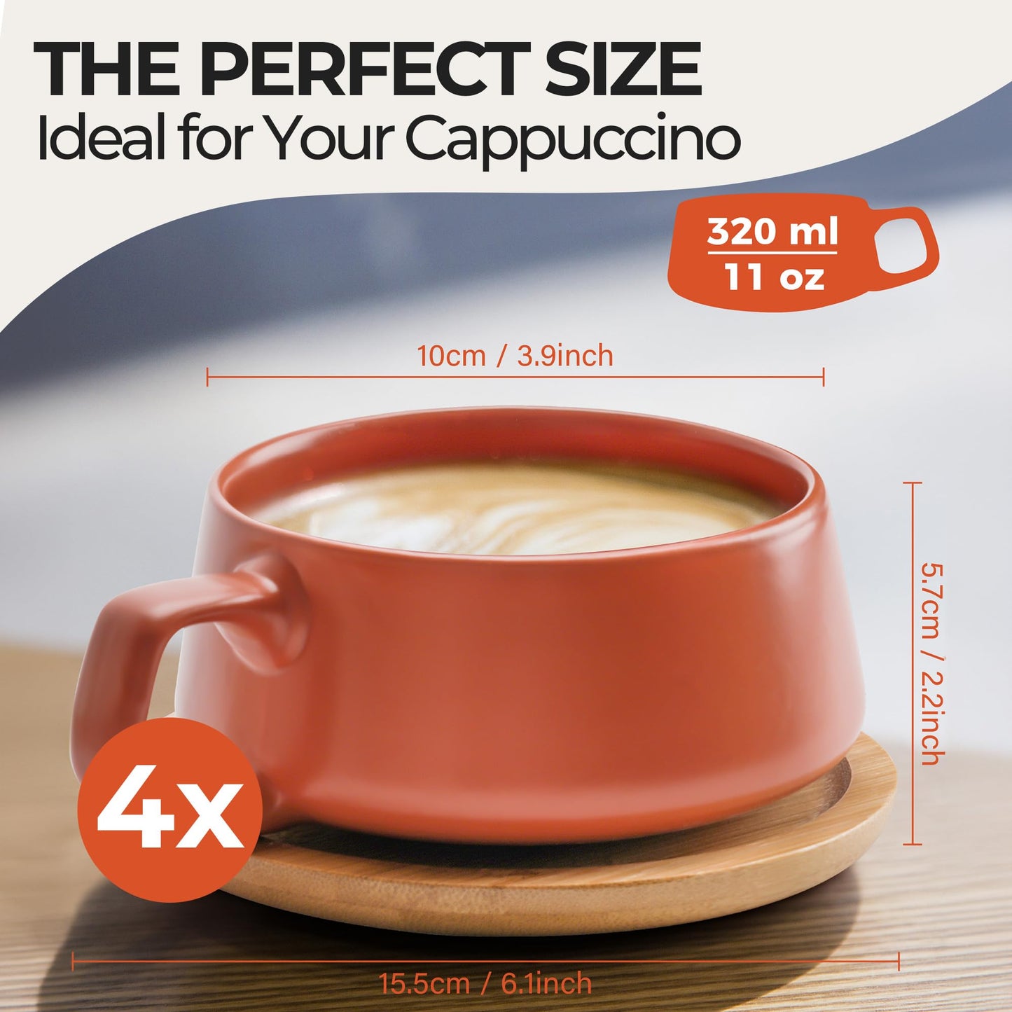 MIAMIO – 320 ml., Set of 4 Ceramic Tea Cup and Saucer Bamboo/Tea Mug - Wide Cappuccino Cup, Coffee Cups Ceramic Mug for Cappuccino, Latte, Espresso & Americano - Luxe Collection (Beige Pastel)