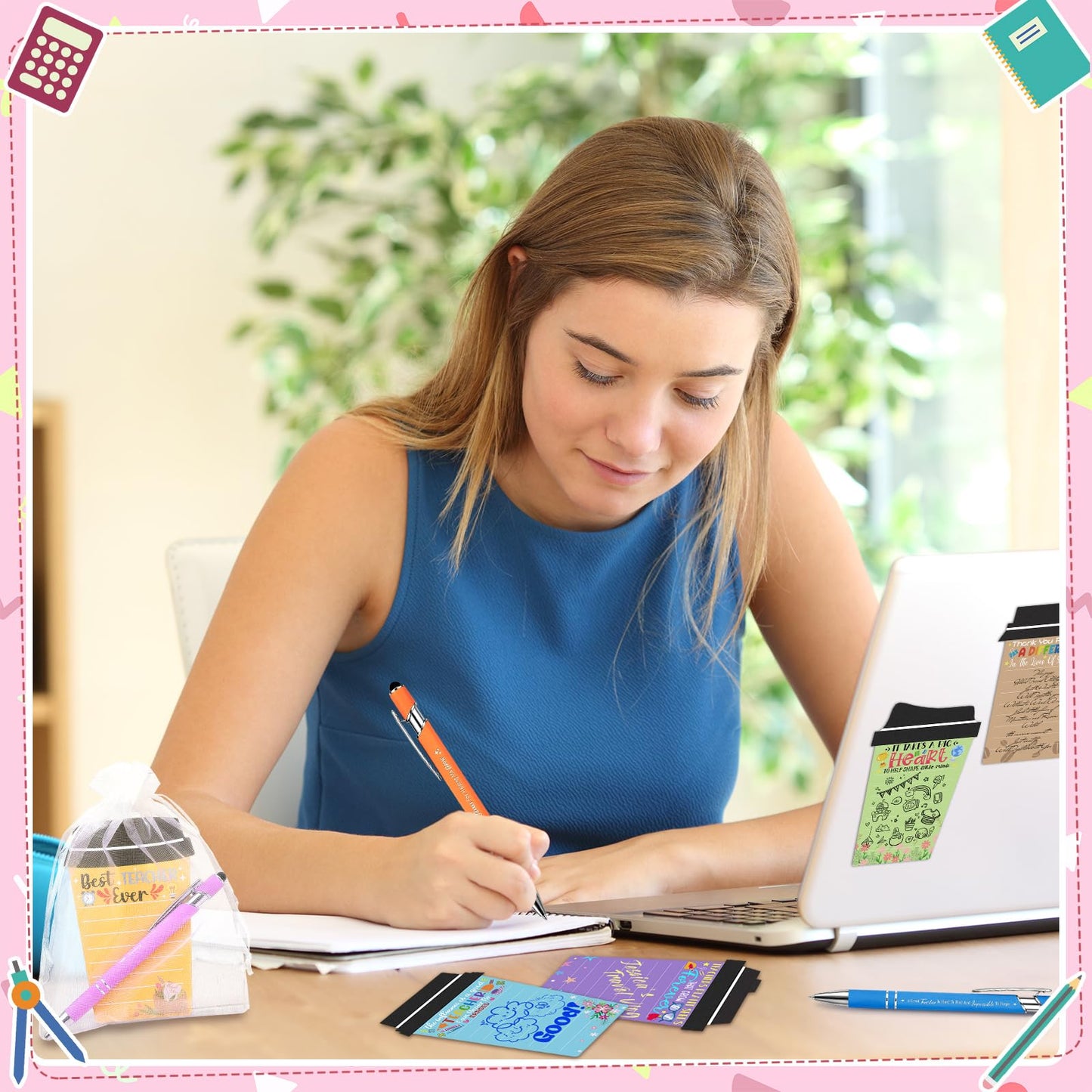 72 Pcs Teacher Appreciation Gifts Bulk Include 24 Coffee Cup Notepads Sticky Notes+ 24 Ballpoint Pens + 24 Drawstring Gift Bags, Best Teachers Gift Thank You Gift for Teachers Office Staff