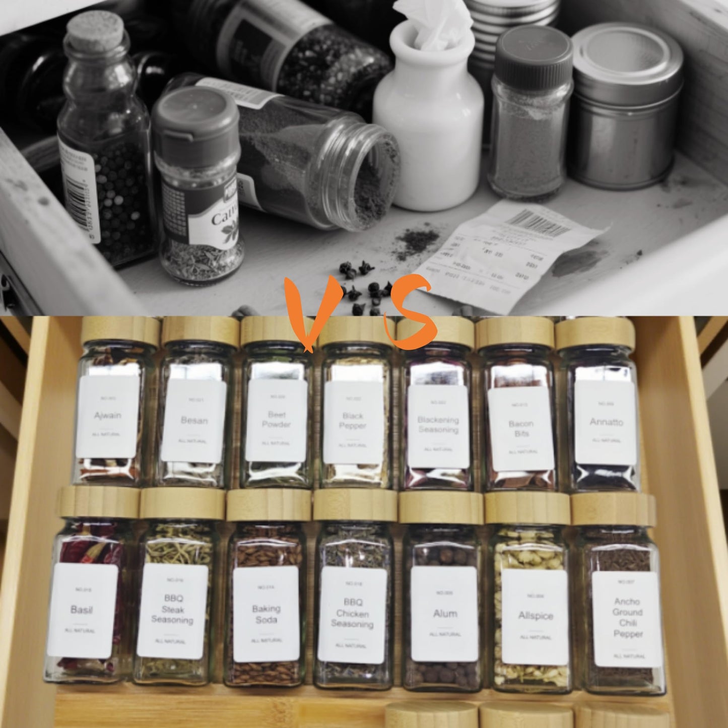 KitHero Spice Drawer Organizer with 28 Bamboo-lidded Spice Jars and 216 Labels,Non-slip Rubber, Bamboo 4 Tier Spice Racks Tray Seasoning Containers for Kitchen Drawers,Cabinets,13" Wide * 15.8" Deep