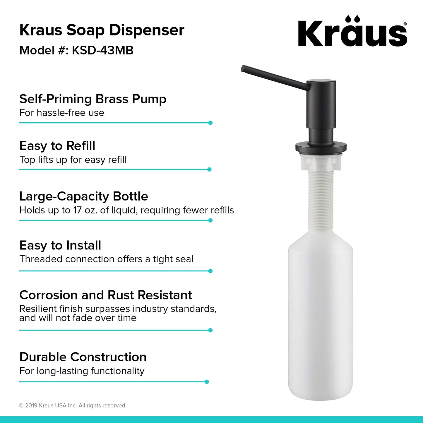 KRAUS Kitchen Soap and Lotion Dispenser in Matte Black, KSD-43MB