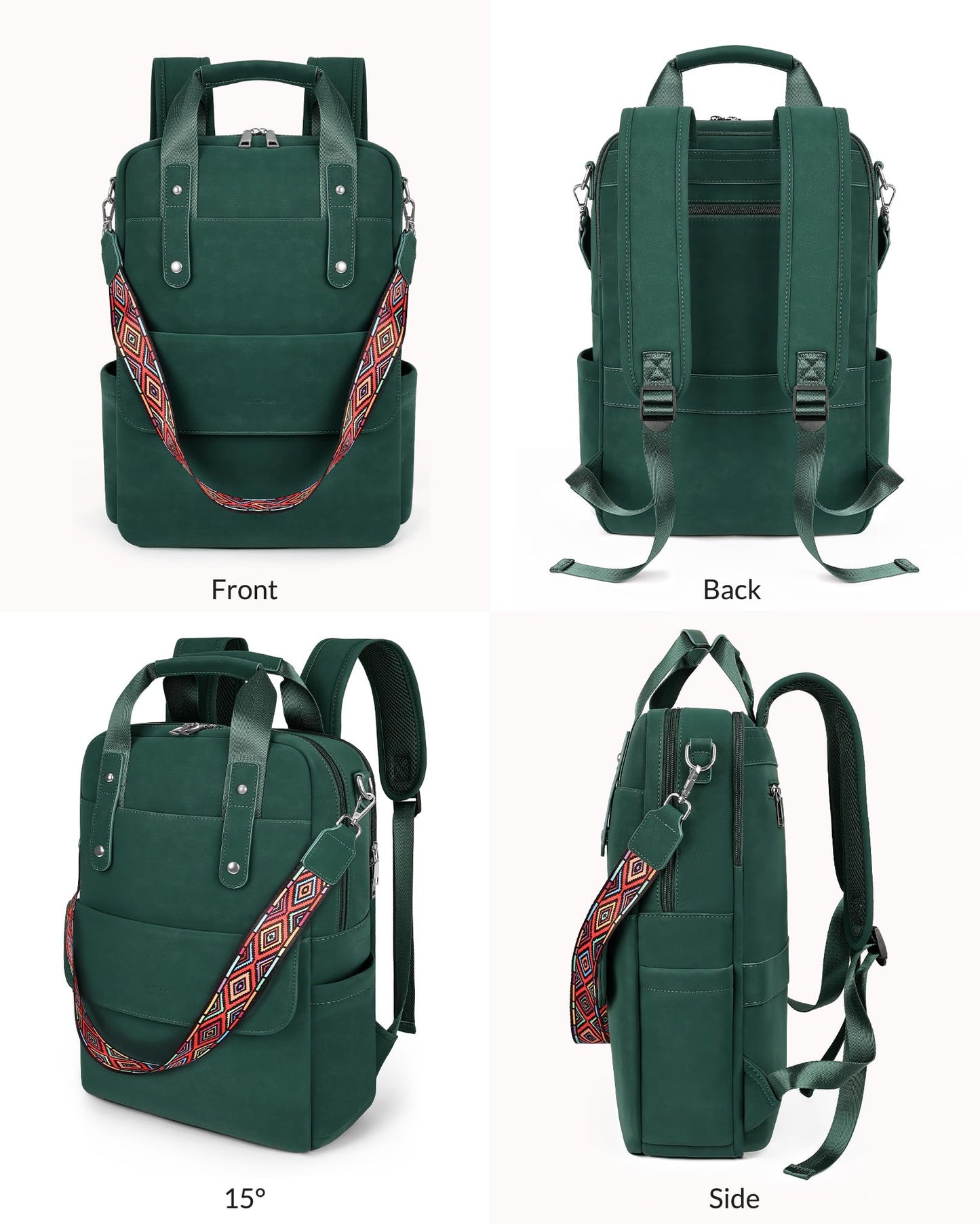 SYTRAH Leather Laptop Backpack 15.6 Inch Womens Laptop Bag, 3 IN 1 Computer Bag Handbag with Colorful Shoulder Bag Strap for Work Travel College Green