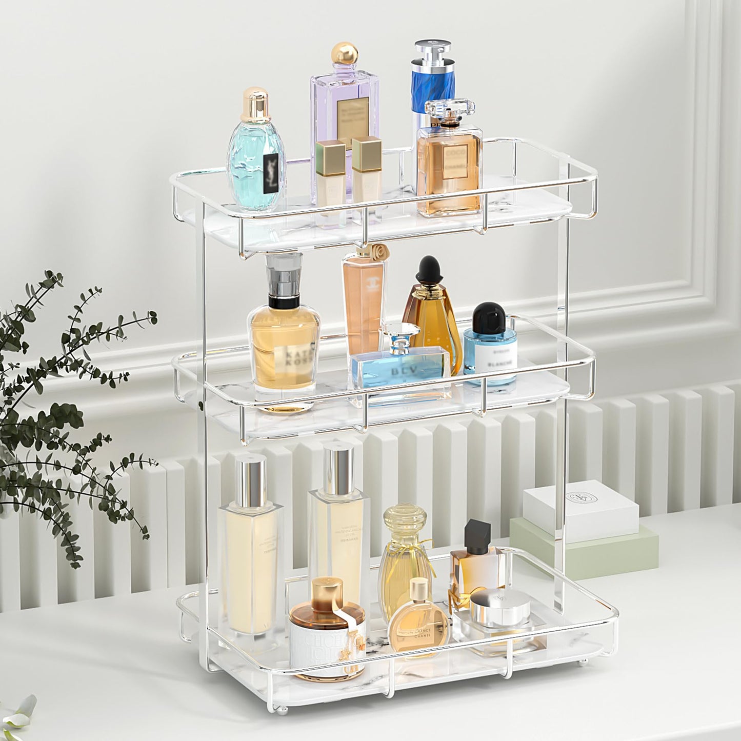 Dobbyby Bathroom Organizer Countertop Perfume Organizer Makeup Organizer Cosmetics Storage Display Rack 3 Tier Vanity Tray Dresser Stainless Steel Shelf Marble Print Ceramic Tray (3 Tier L-Sliver)