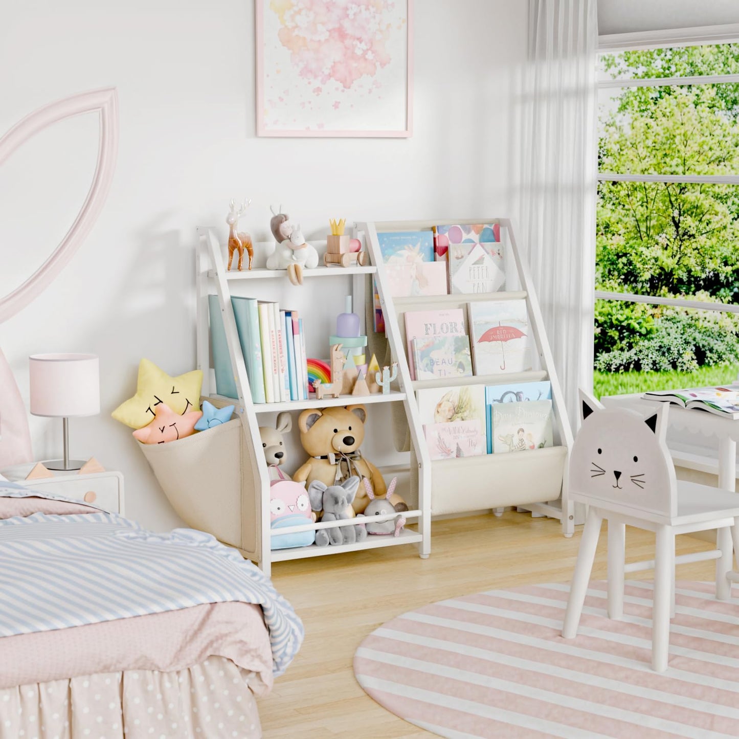 LATIBELL 3 Tier Kids Bookshelf and Toy Storage, Book Sling Shelf, Montessori Baby Toddler Bookshelf for Kids Bookcase, Toy Storage Organizer, for Playroom, Bedroom, Nursery (White)
