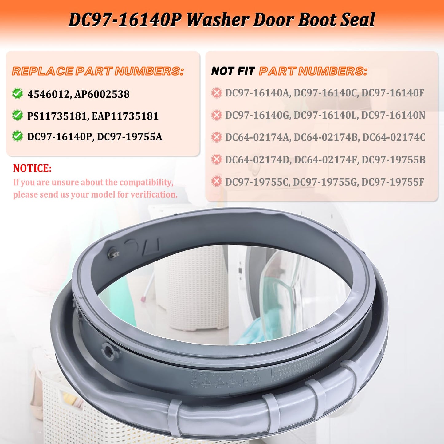 Upgraded DC97-16140P Washer Door Boot Seal DC97-19755A Compatible with Samsung Washing Machine Door Bellow Gasket AP6002538 PS11735181 EAP11735181