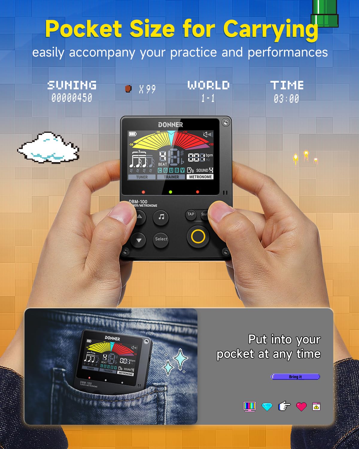 Donner Metronome Tuner for Guitar, Bass, Violin, Ukulele, Piano, Flute, Saxophone, All Instruments, Portable Digital Metronome with Trainer Rhythm Mode, Black, DBM-100