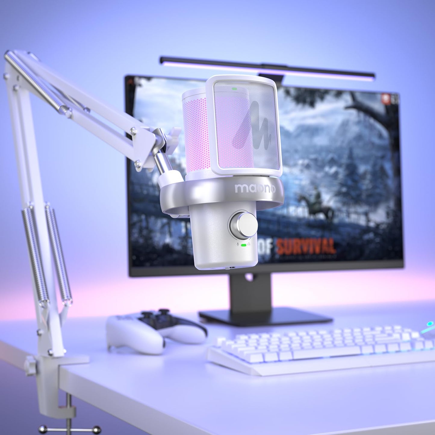 MAONO Boom Arm Microphone Stand: Adjustable Metal Suspension Mic Boom Arm for Podcasting Gaming Streaming Recording,with Desk Clamp and 3/8" to 5/8" Screw Adapter-Max Load 1KG BA20 White