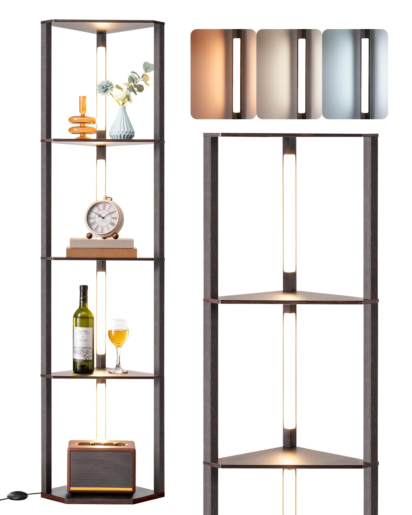 EDISHINE 64" Corner Shelf Floor Lamp for Living Room, Modern LED Corner Light with Shelves, 3CCT, Stepless Dimmable Tall Floor Light for Bedroom, Office, Dining Room, 3000K 4000K 5000K, Black Walnut