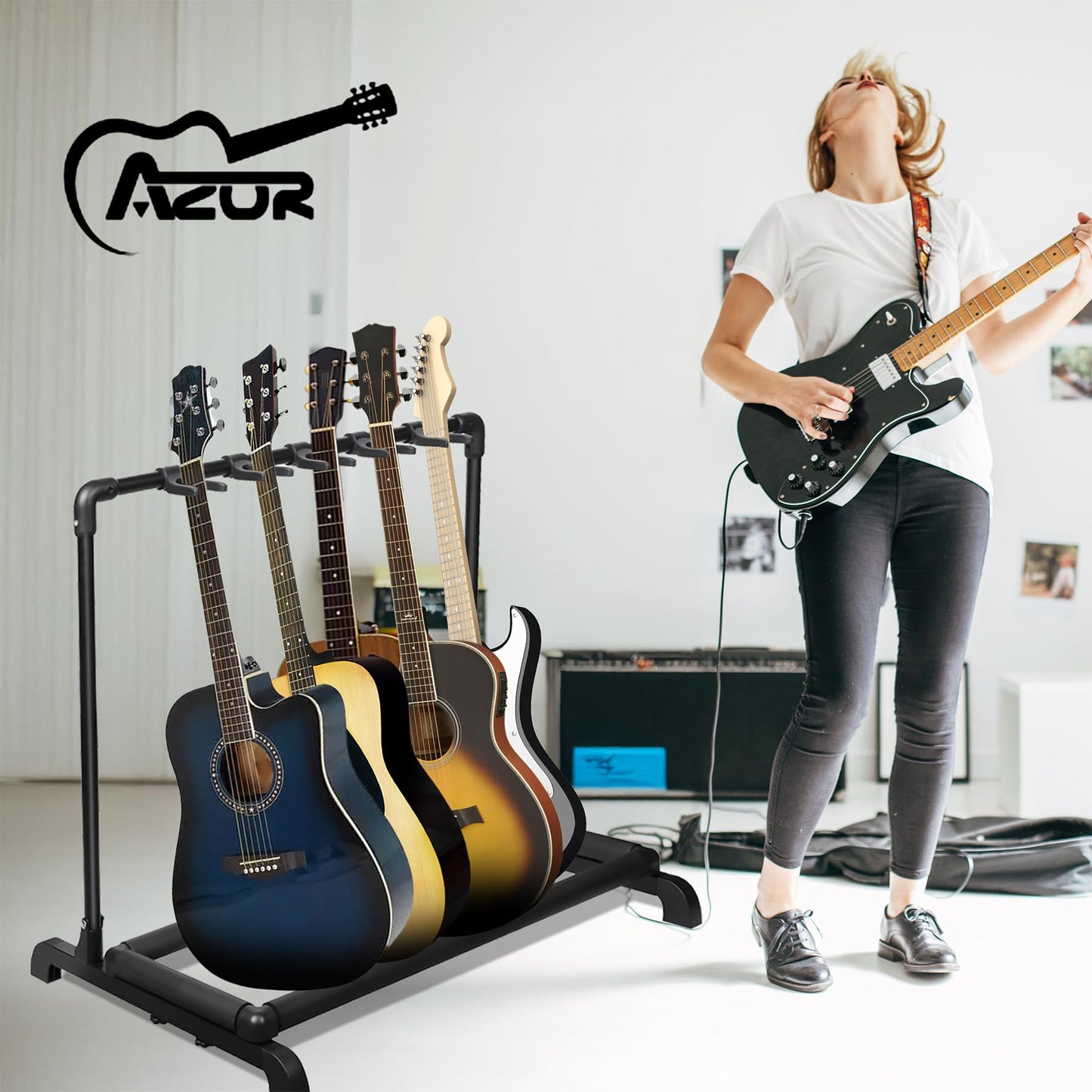 AZOR Multi Guitar Stand Folding 5 Holder Guitar Rack for Acoustic, Electric, and Bass Guitars - Soft Cushioning Sponge Protects Your Instruments - Durable and Stylish Design