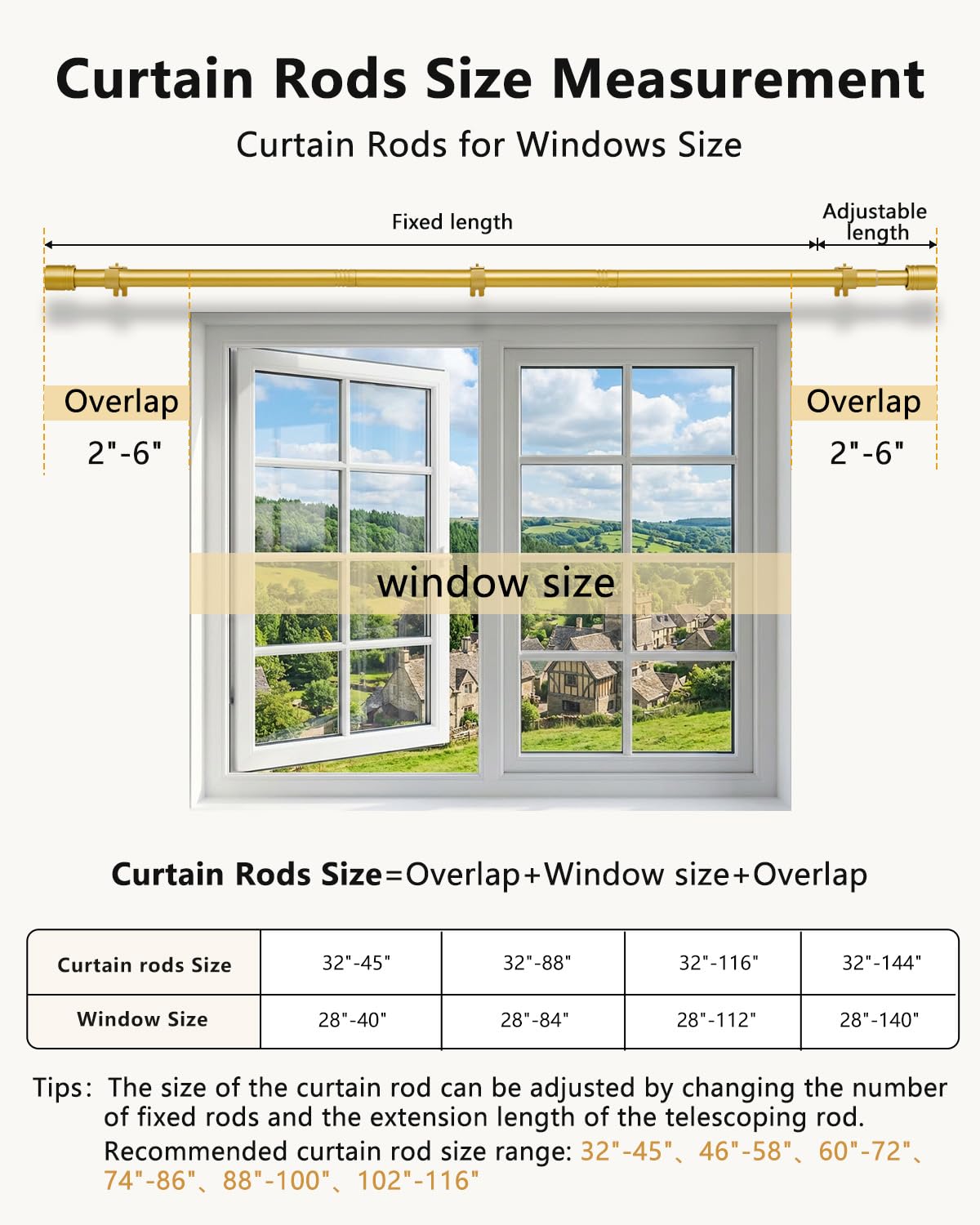 ASULUPHY Gold Curtain Rod, 1 Inch Diameter Heavy Duty Curtain Rods for Window 32-116 in, Extra Long Curtain pole with Thicker Brackets, Curtain Rod for Sliding Doors, Living Room, Bedroom, Patio