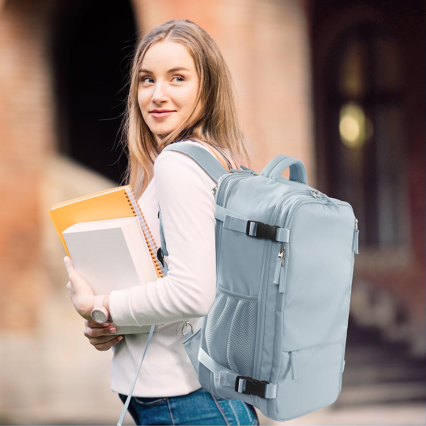 Hanples Extra Large Travel Backpack for Women as Person Item Flight Approved, 40L Carry On Backpack, 17.3 Inch Laptop Backpack, Waterproof Backpack, Hiking Backpack, Casual Bag(Light Blue)