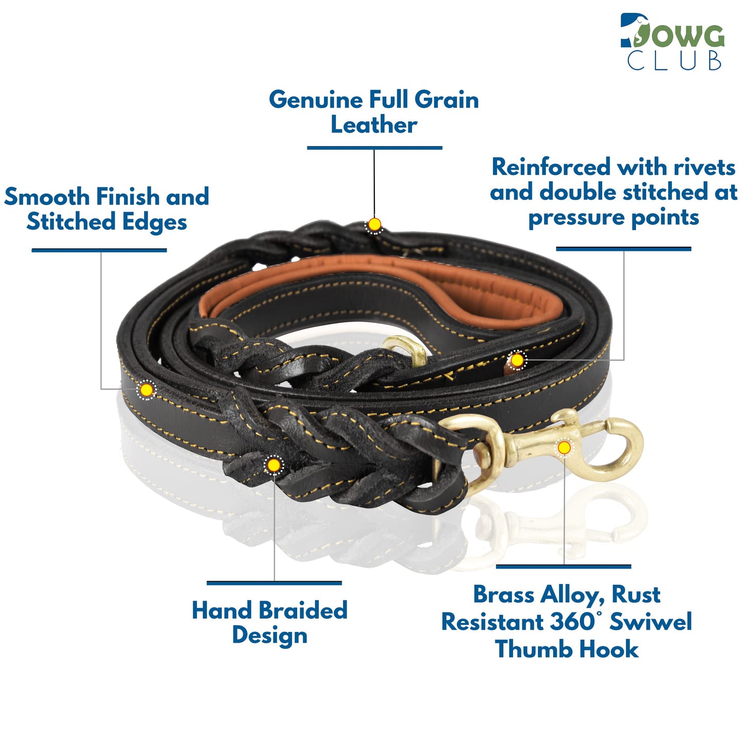 DowgClub | 6' Heavy Duty Genuine Leather Dog Leash for Small, Medium & Large Breeds | Hand Made, Hand Braided | 2 Handle Design | Soft Cushion Handle | Black, Brown & Tan | 6' x ¾”