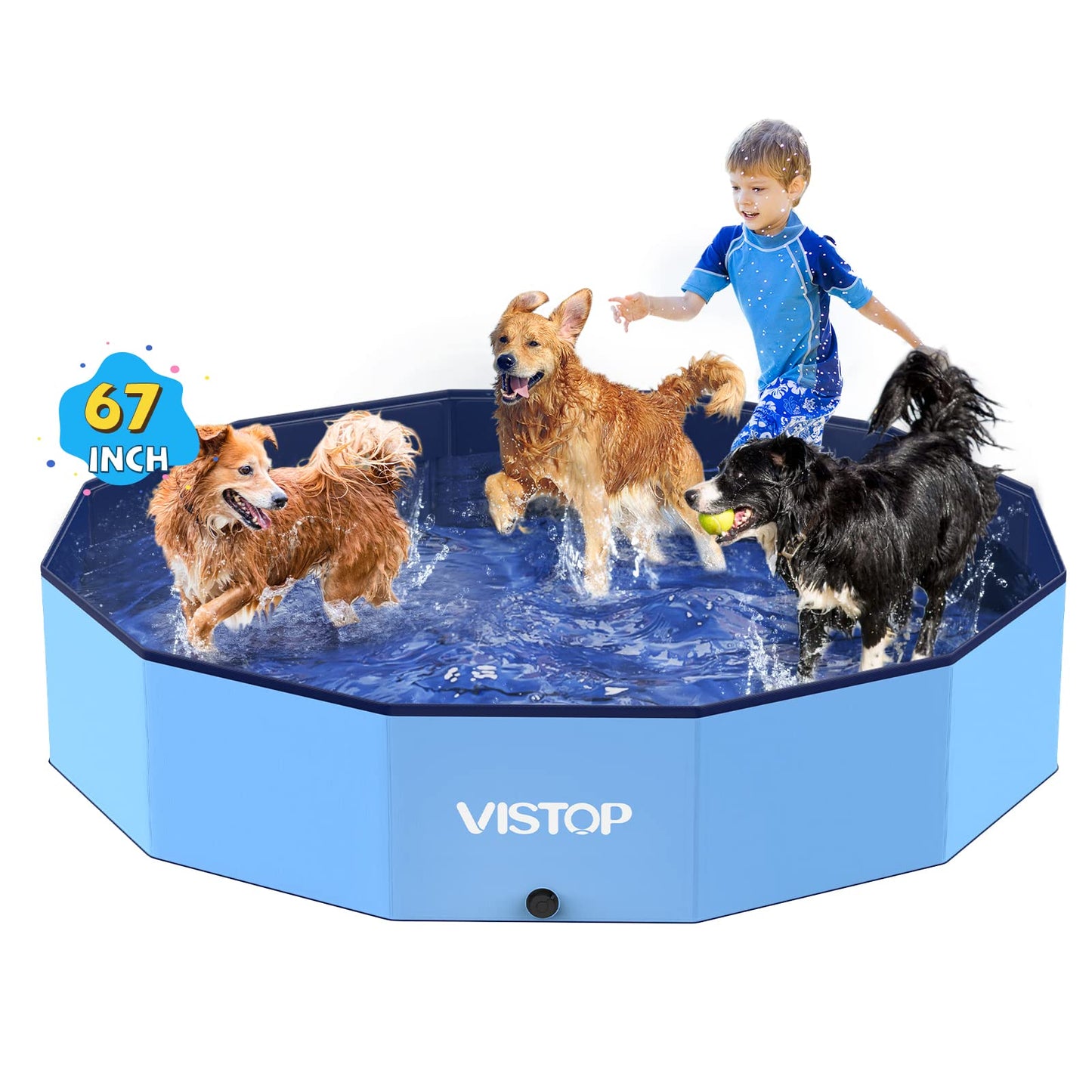 VISTOP Extra Large Foldable Dog Pool XXL, Hard Plastic Shell Portable Swimming Pool for Dogs Cats and Kids Pet Puppy Bathing Tub Collapsible Kiddie Pool (63inch.D x 11.8inch.H, Blue)…